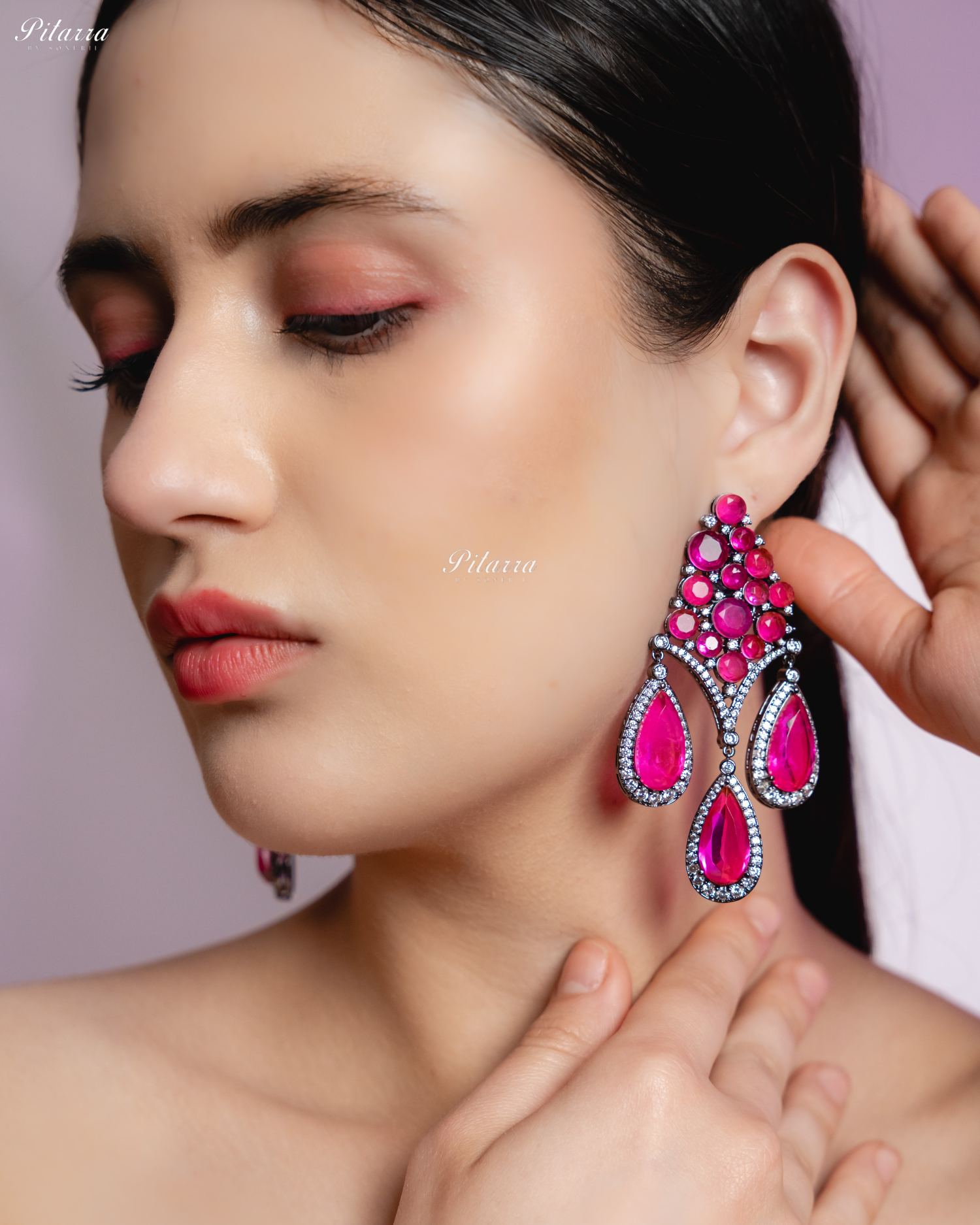 Pink Stone Three Teardrop Silver Finish CZ Crystal Dangler Earrings