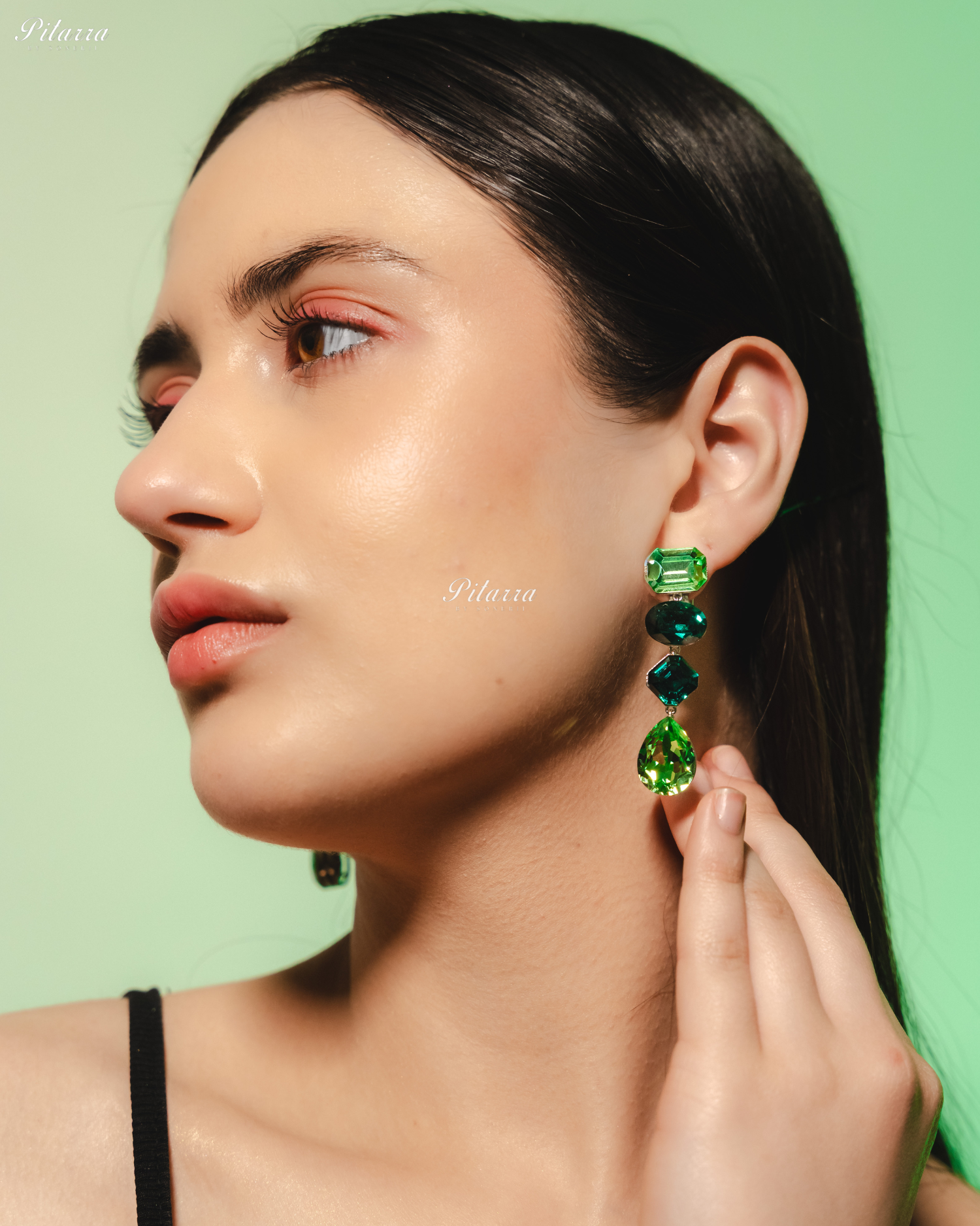 Green Emerald Stone Studded Geometric Crystal Drop Earrings