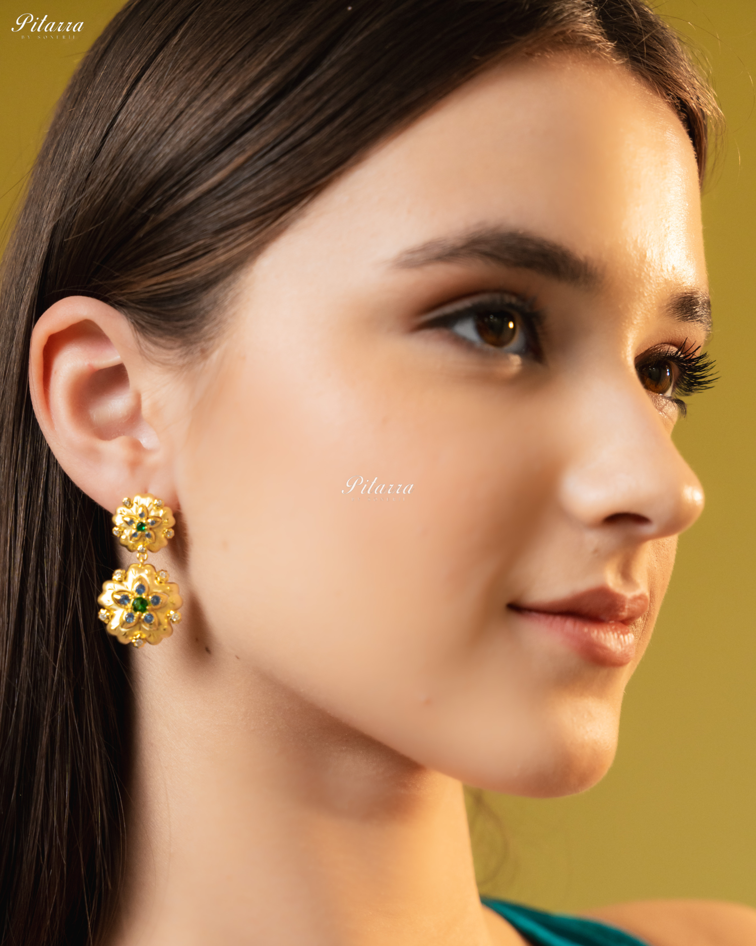 Gold Floral Green Stone 92.5 Silver Dangler Earrings