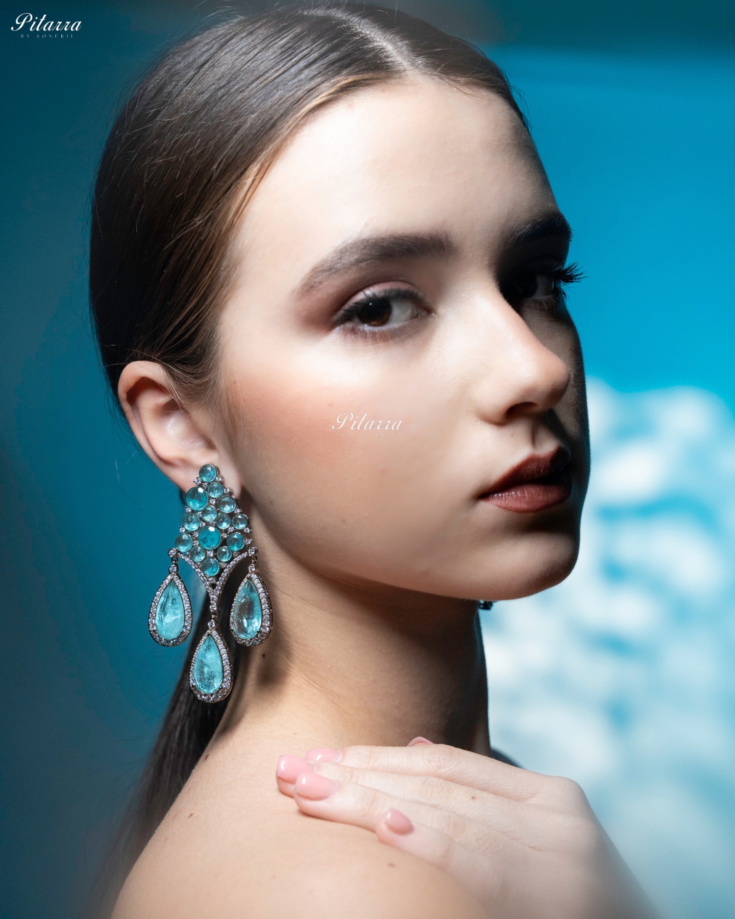 Turquoise Stone Three Teardrop CZ Doublet Dangler Earrings