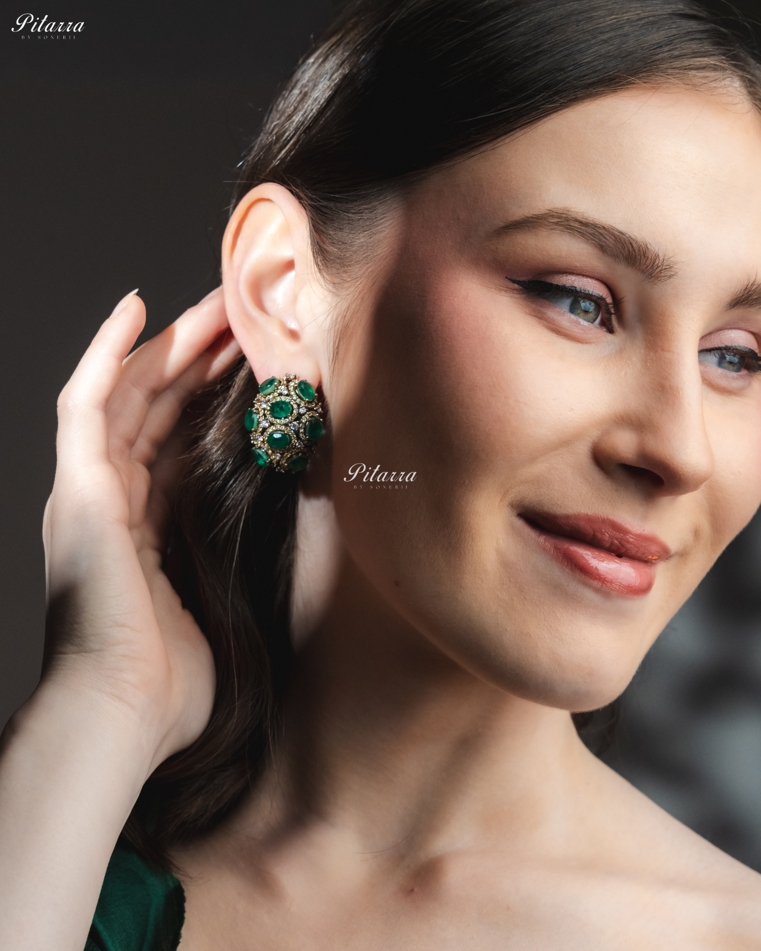 Emerald Stone Golden Crystal Stud Earrings