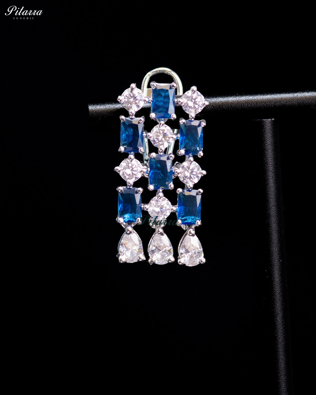 Royal Blue Emerald Cut Stone Zircon Silver Crystal Choker Necklace Set