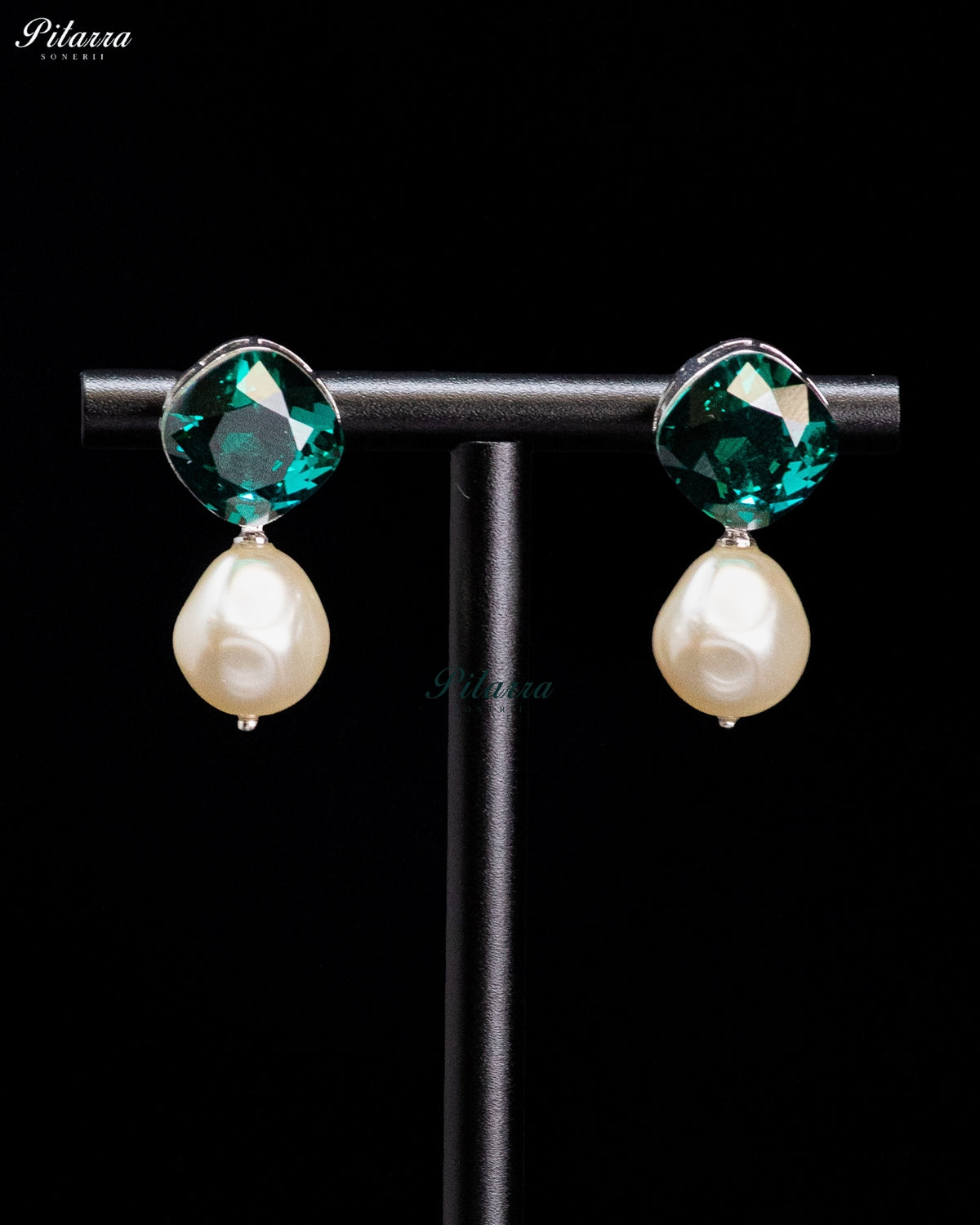Emerald Green Crystal Pearl Drop Earrings