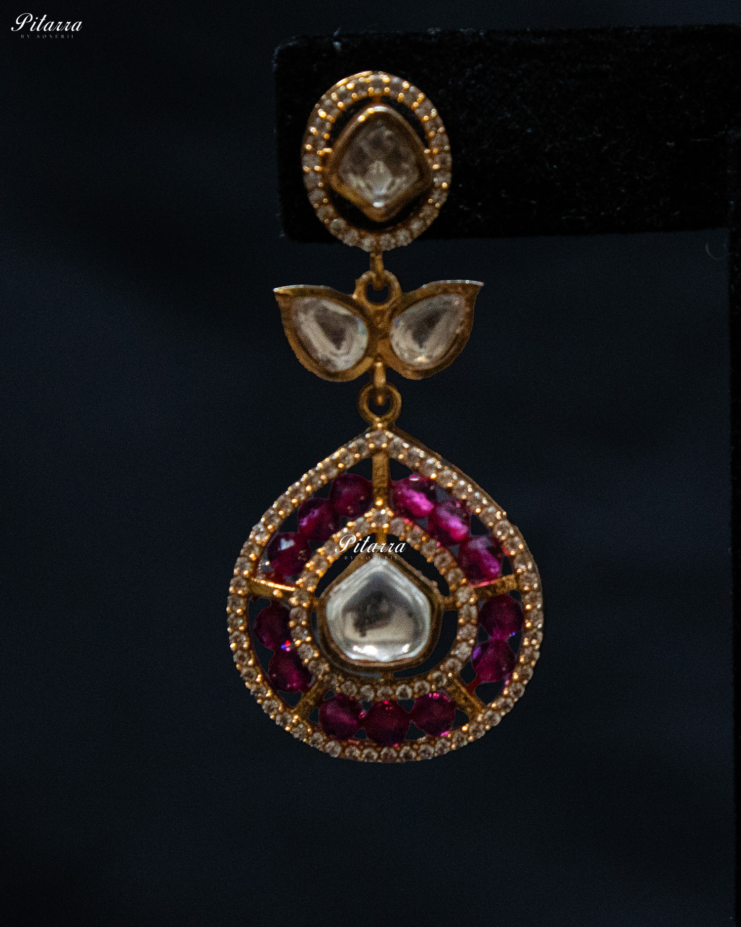 Pink Crystals Teardrop Gold Plated Kundan Necklace Set
