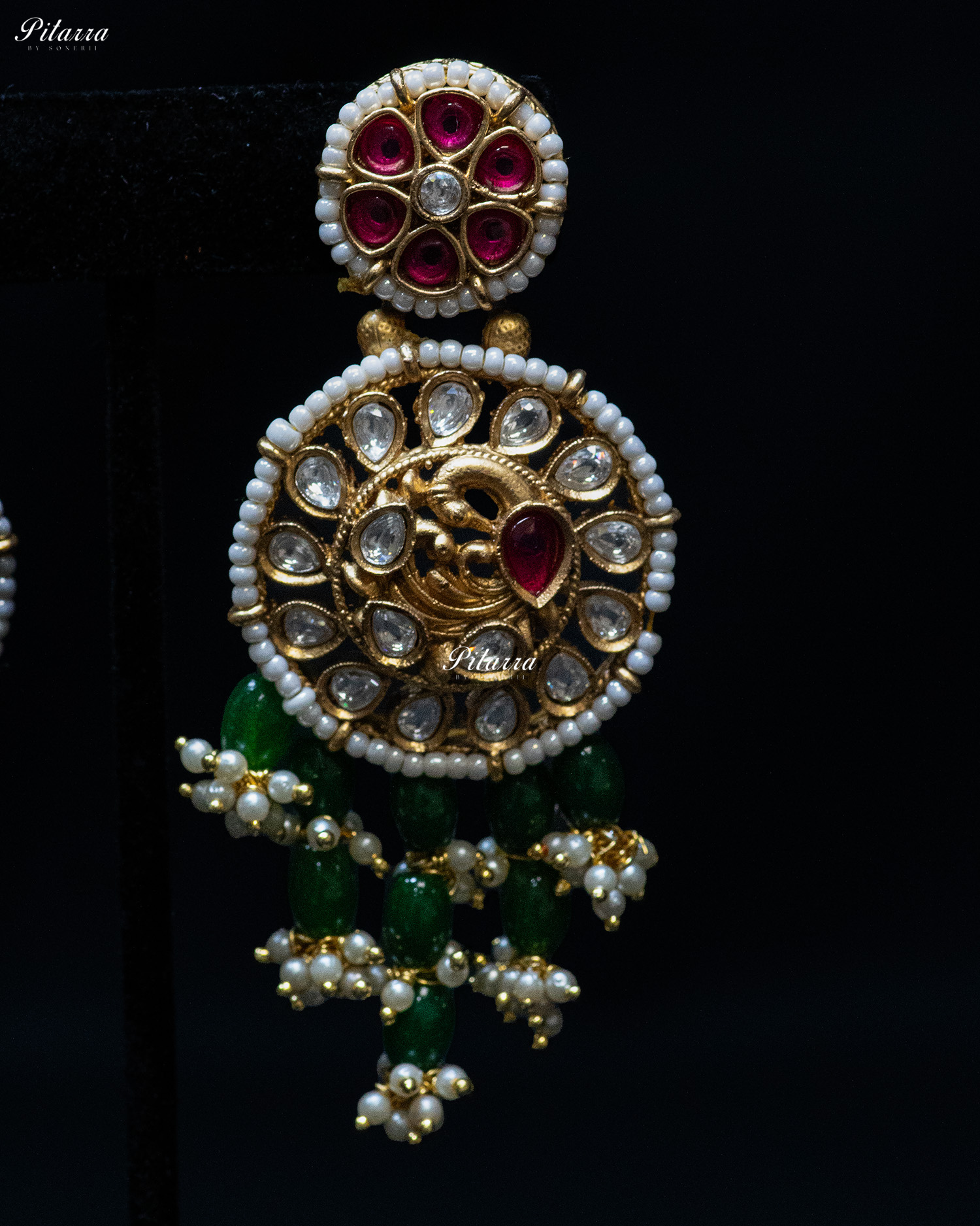 Golden Peacock Motifs Multi Strand Green Bead Necklace Set