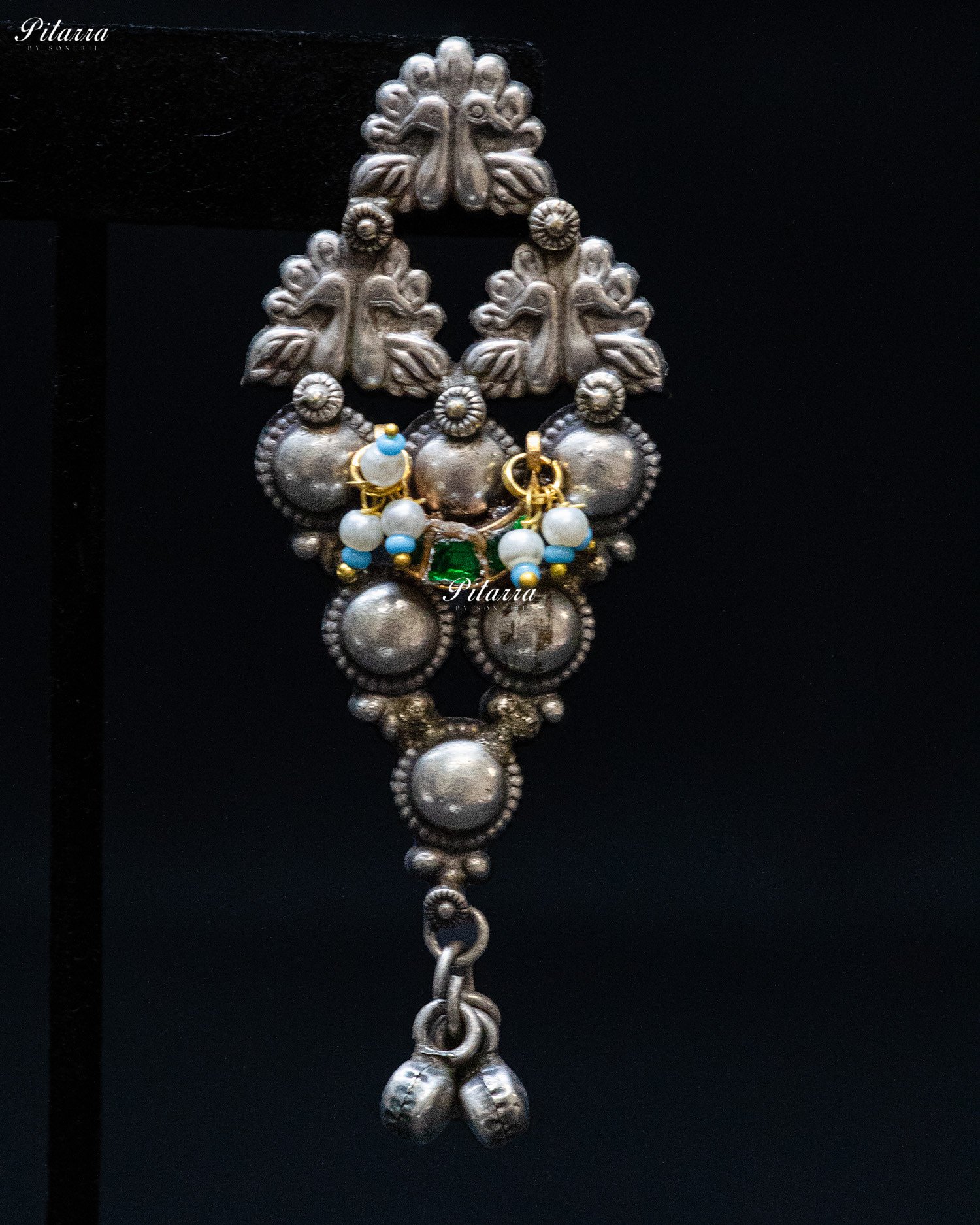 Green Flora White Sword Ghunghroo Silver Look Alike Choker Set
