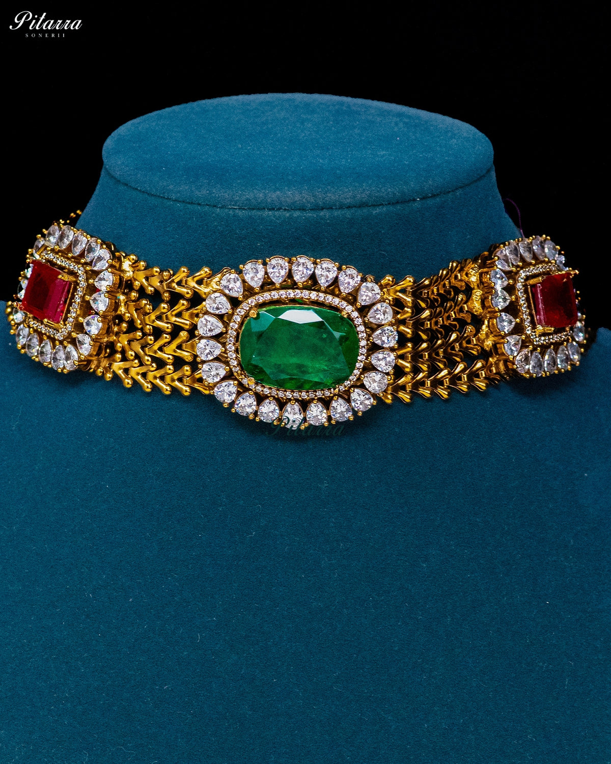 Emerald Green Ruby Square Kundan Choker Set