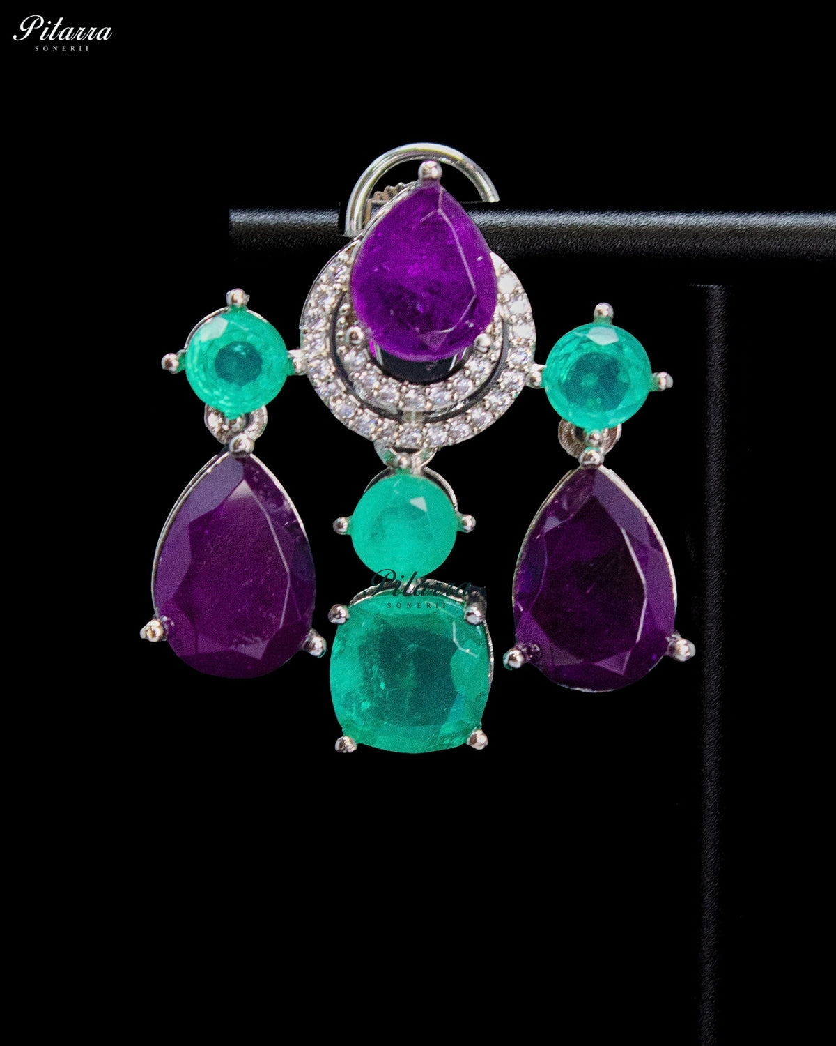 Purple and Aqua Green Multicolor Crystal Dangler Earrings