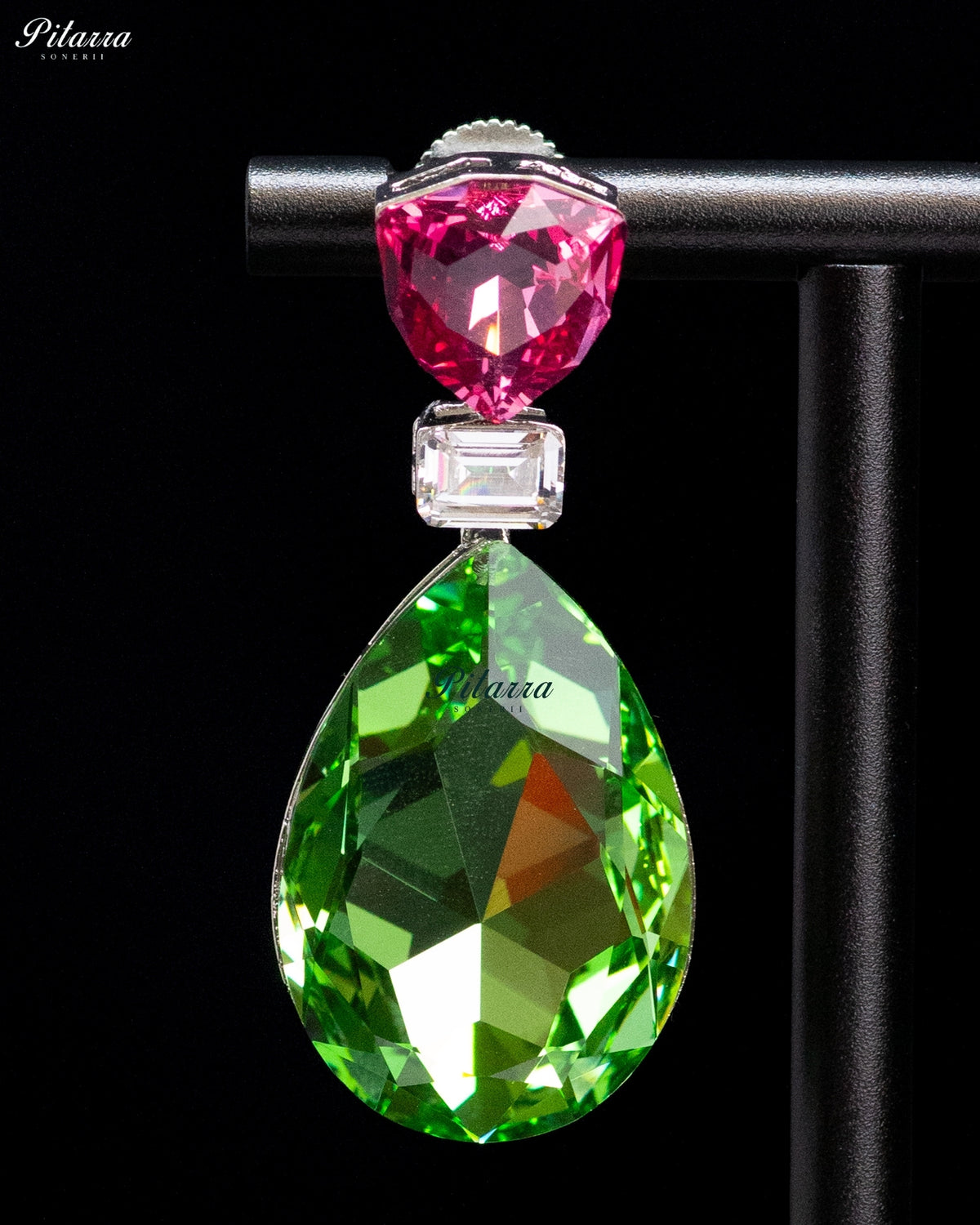 Green and Pink Crystal Pear Drop Earrings