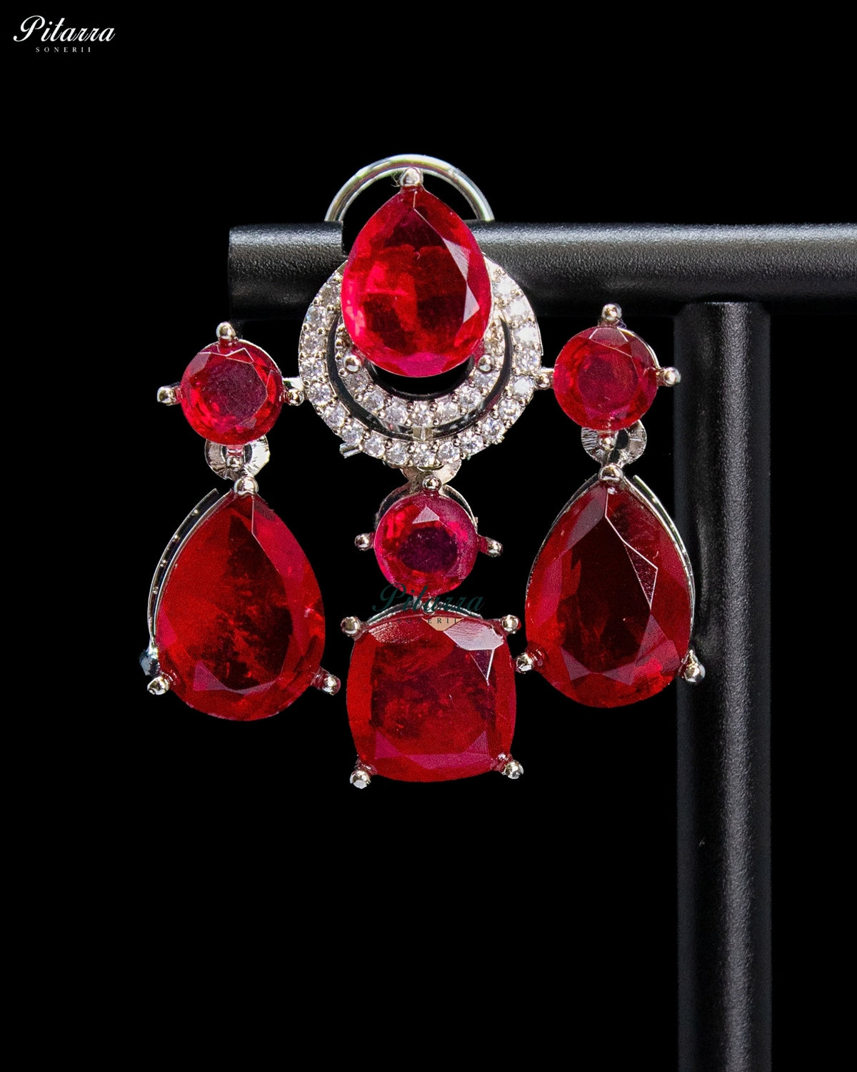 Ruby Red Crystal Chandbali Dangler Earrings with Silver Tone Finish