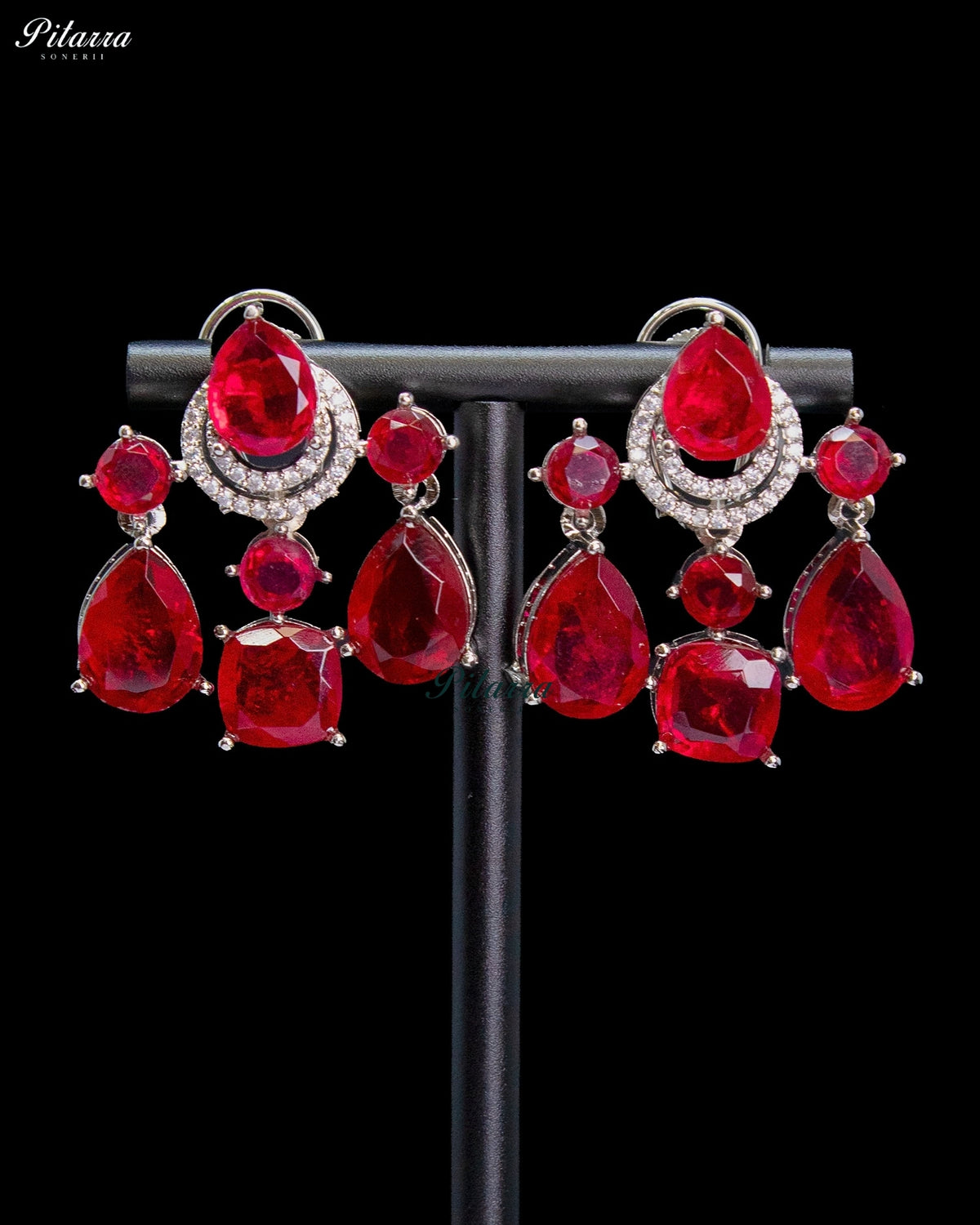 Ruby Red Crystal Chandbali Dangler Earrings with Silver Tone Finish