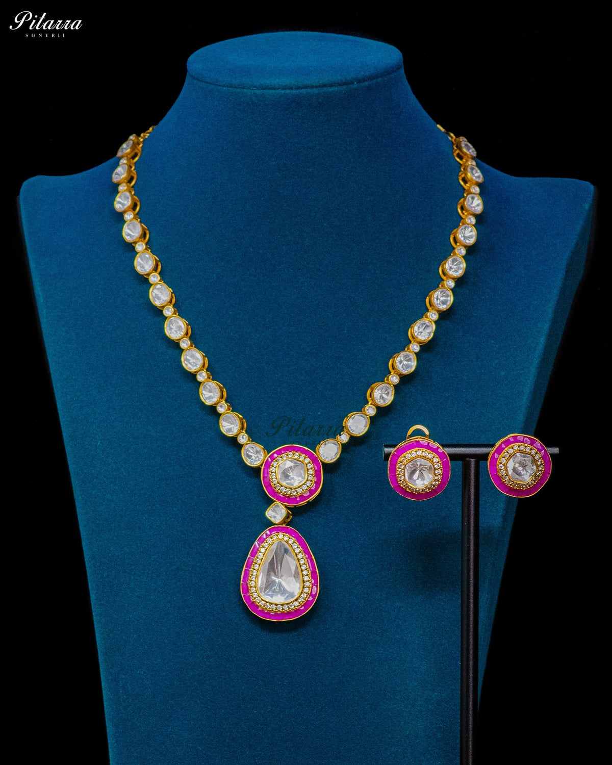 Pink Round And Teardrop Kundan Necklace Set