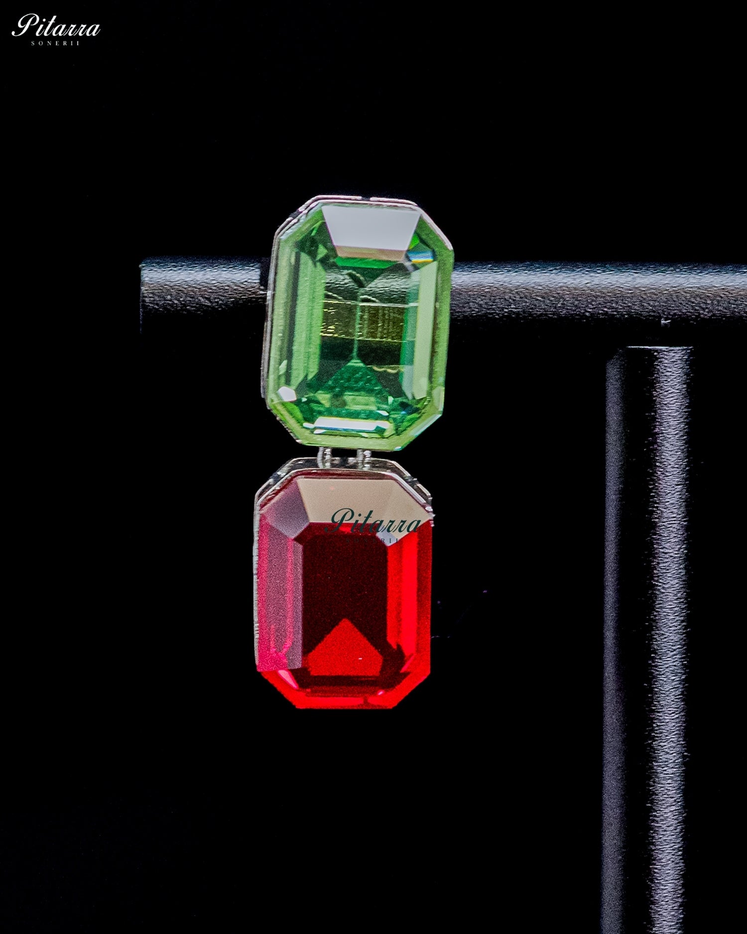 Green and Red Emerald Cut Crystal Drop Earrings