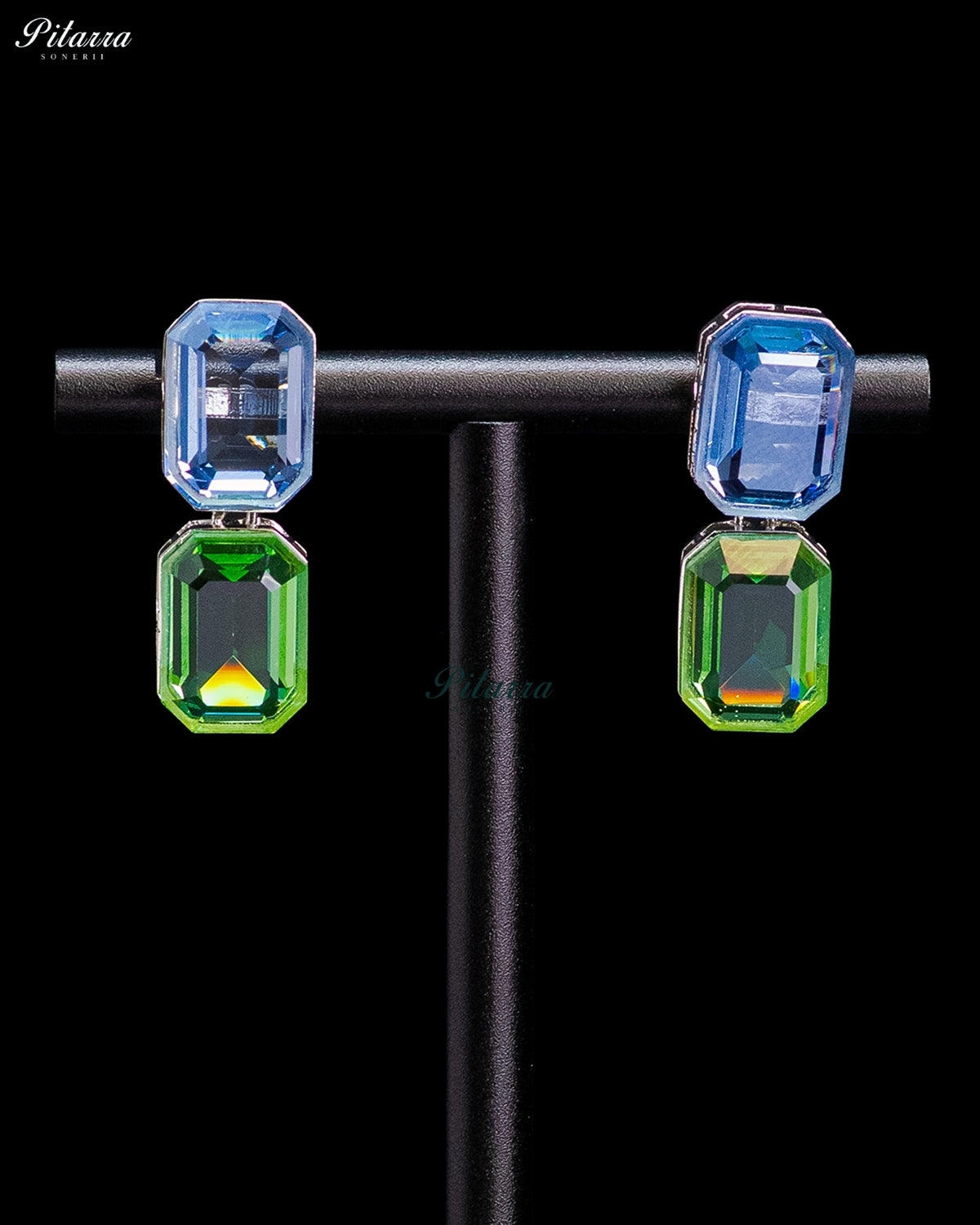 Blue and Green Emerald Cut Crystal Drop Earrings