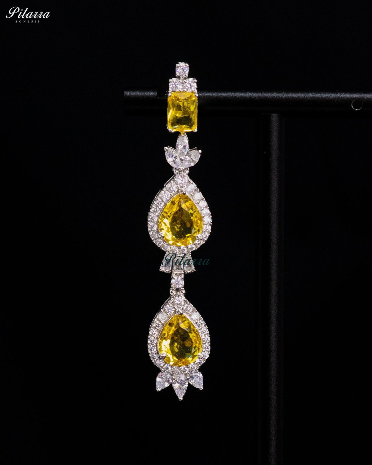 Citrine Yellow Pear Cut Stone Zircon Silver Crystal Drop Necklace Set