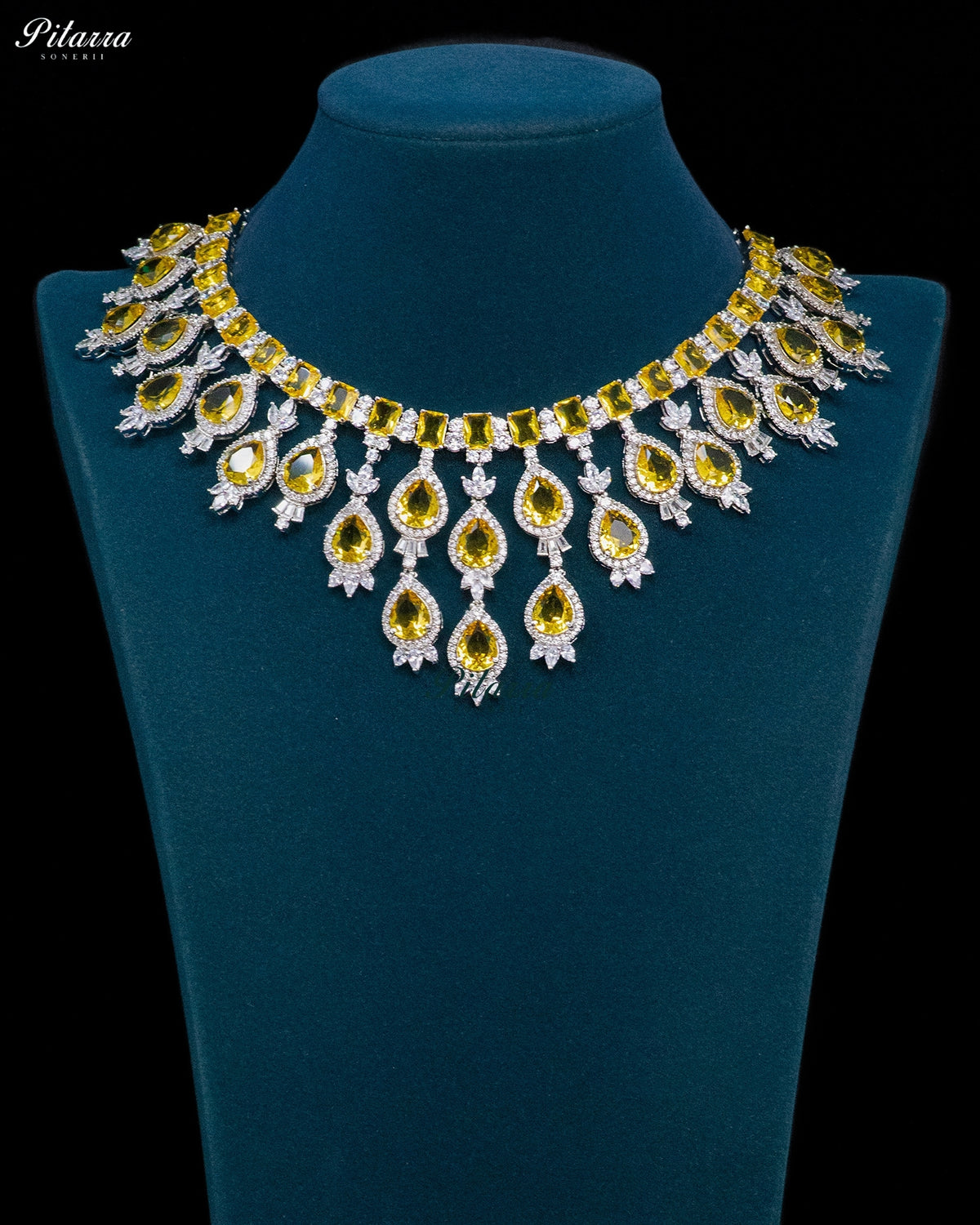 Citrine Yellow Pear Cut Stone Zircon Silver Crystal Drop Necklace Set