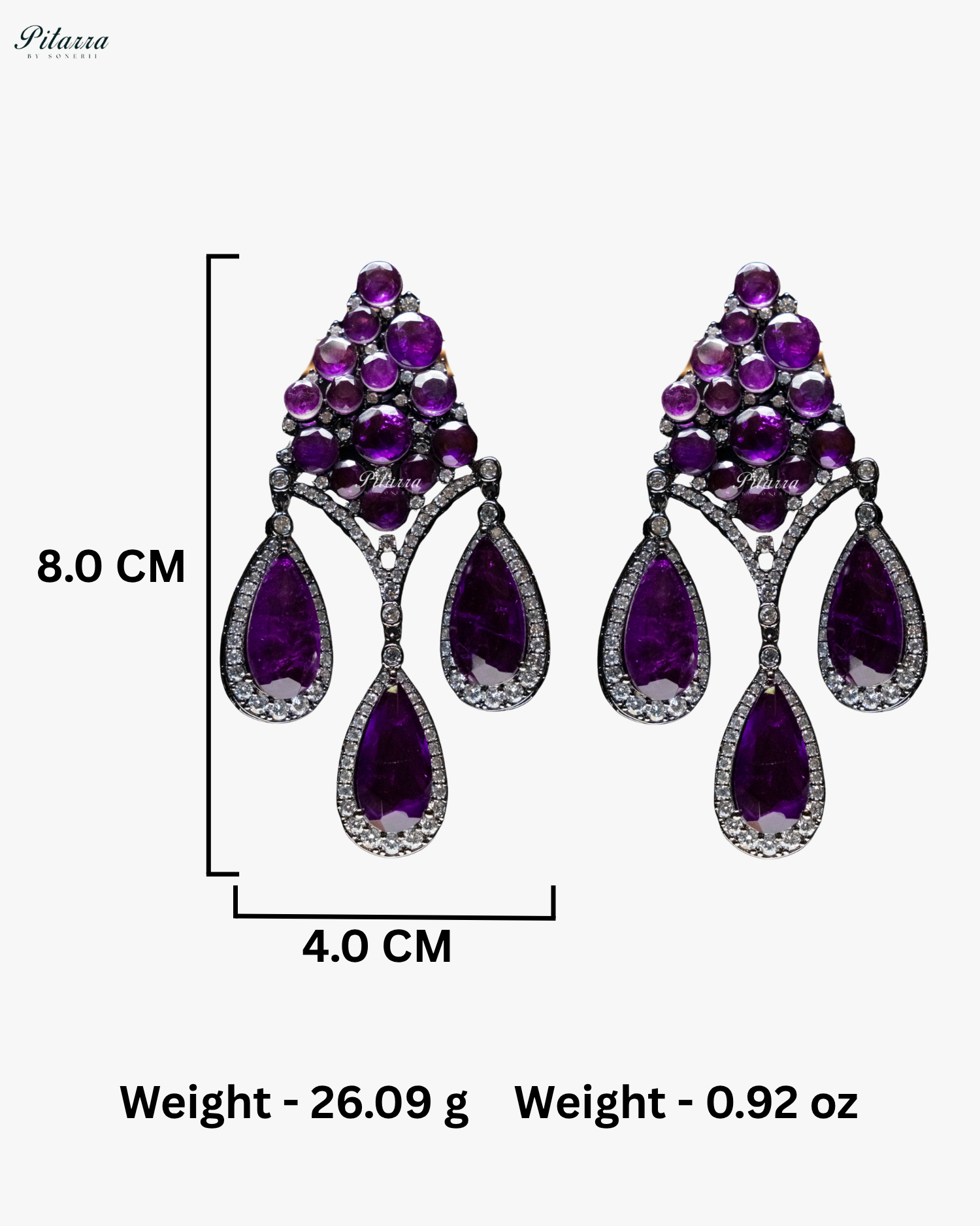 Purple Stone Three Teardrop Silver Finish CZ Doublet Dangler Earrings