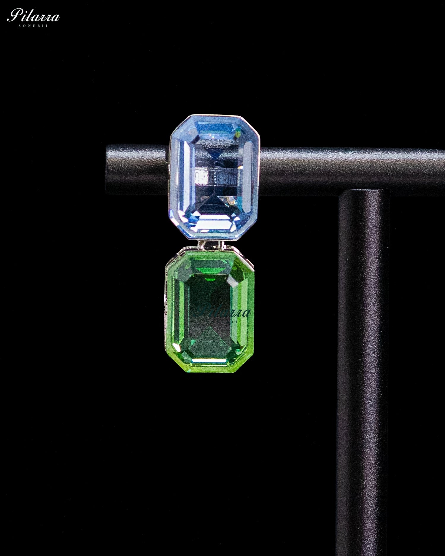 Blue and Green Emerald Cut Crystal Drop Earrings