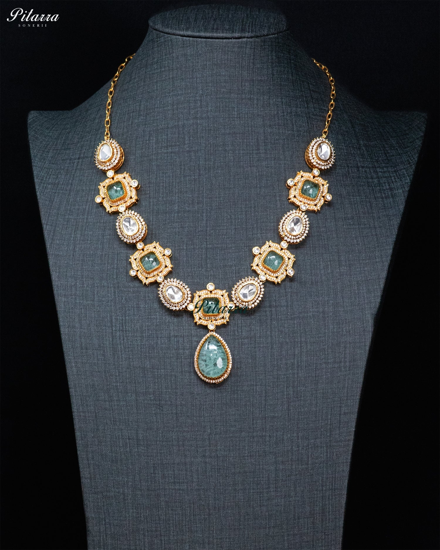 Green Cushion and Teardrop Kundan Necklace Set