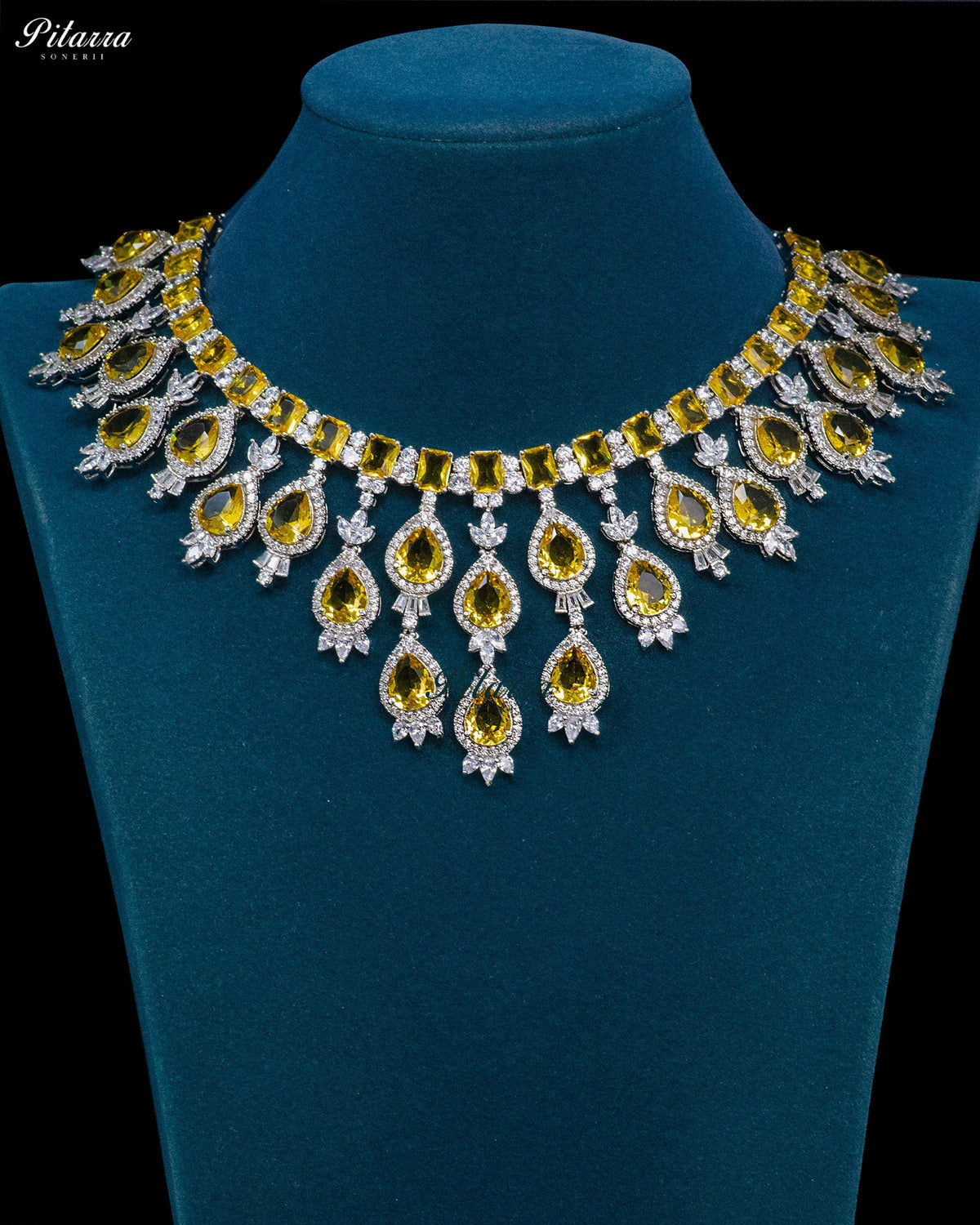 Citrine Yellow Pear Cut Stone Zircon Silver Crystal Drop Necklace Set