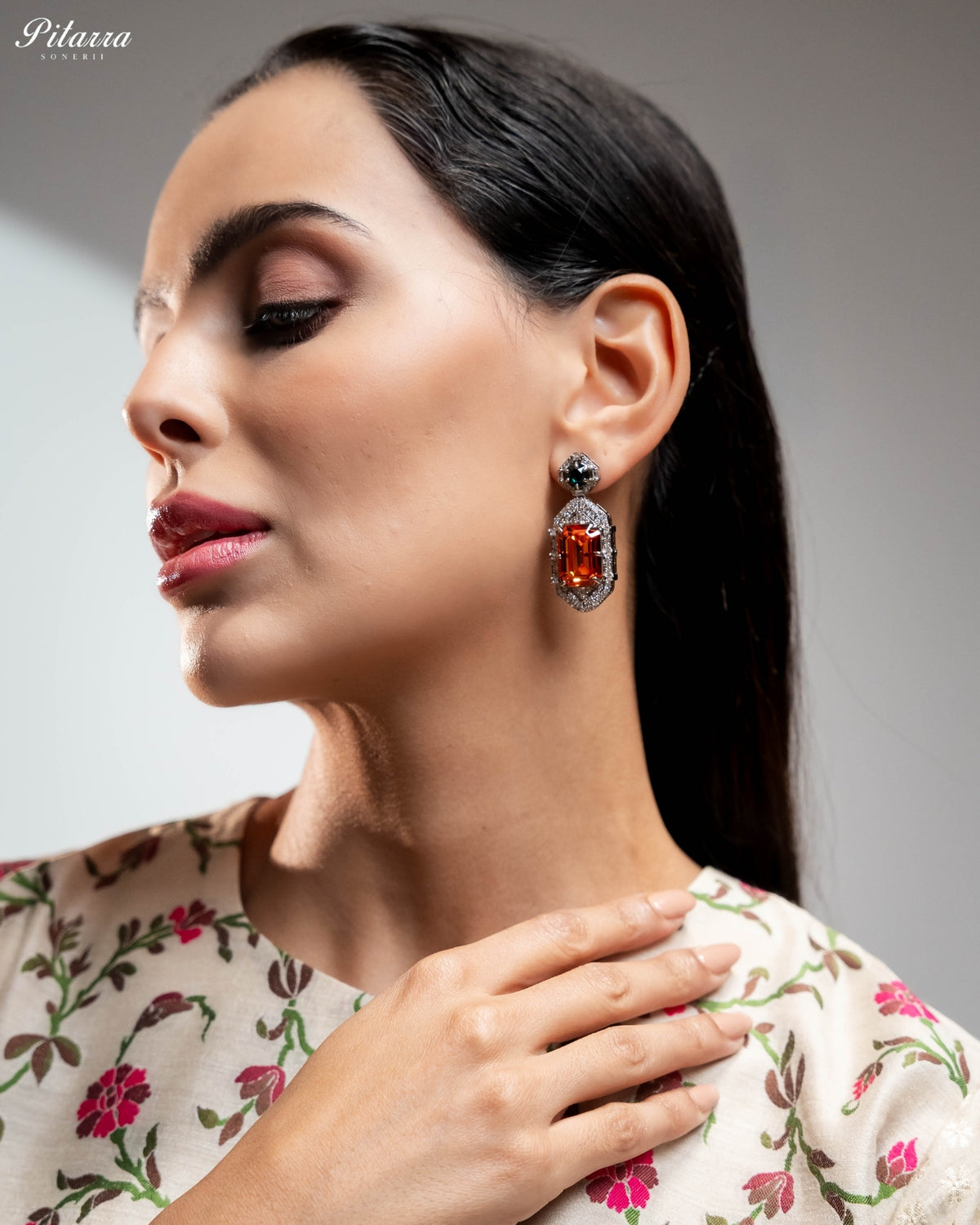 Orange Emerald Cut Diamond Halo Statement Drop Earrings