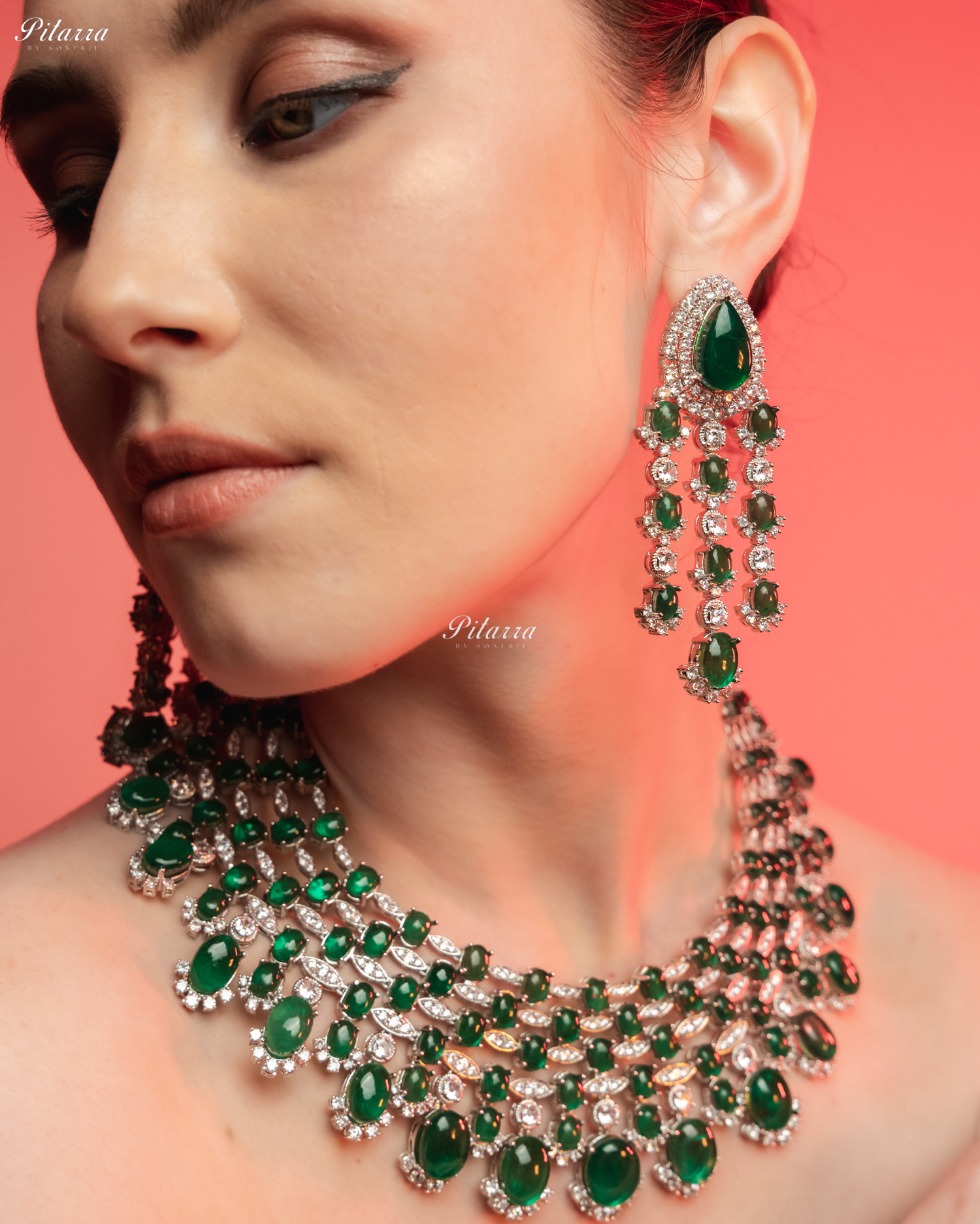 Emerald Stone Silver Multi Layer CZ Necklace Set