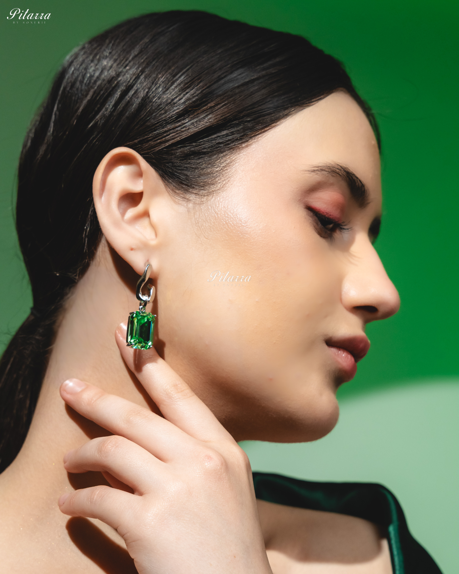 Peridot Stone Rectangular Zircon Silver Crystal Earrings