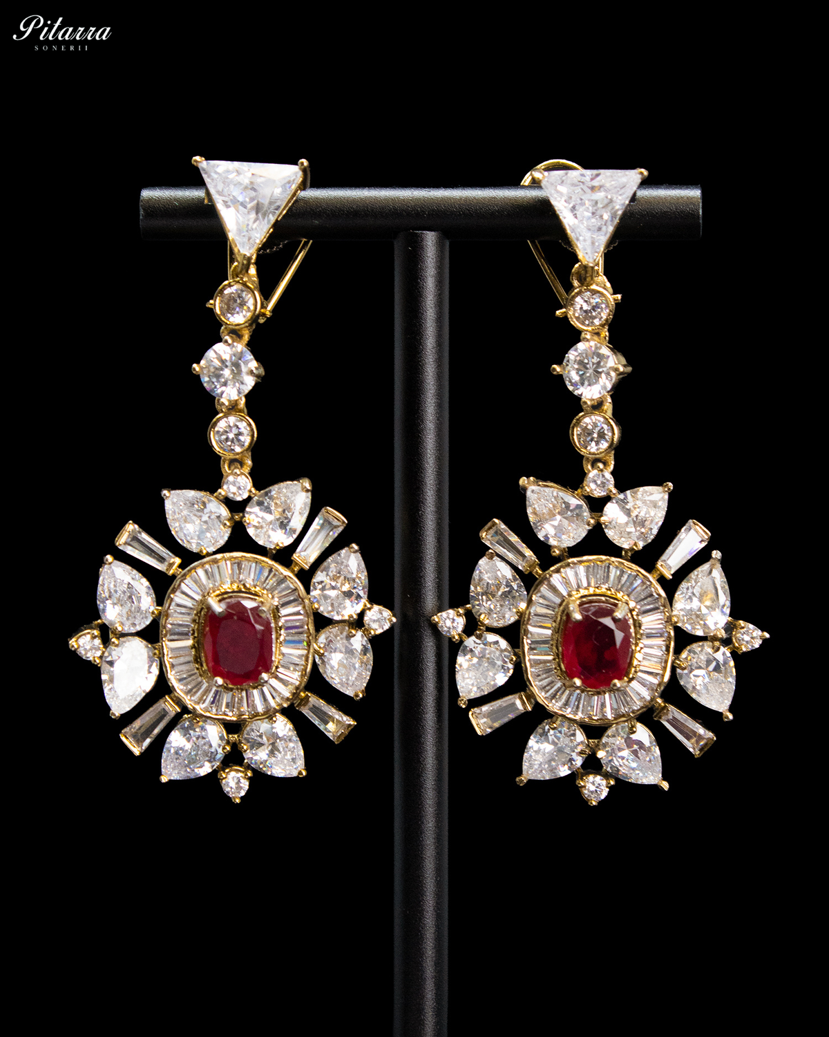 Ruby Red and White Kundan Floral Drop Earrings