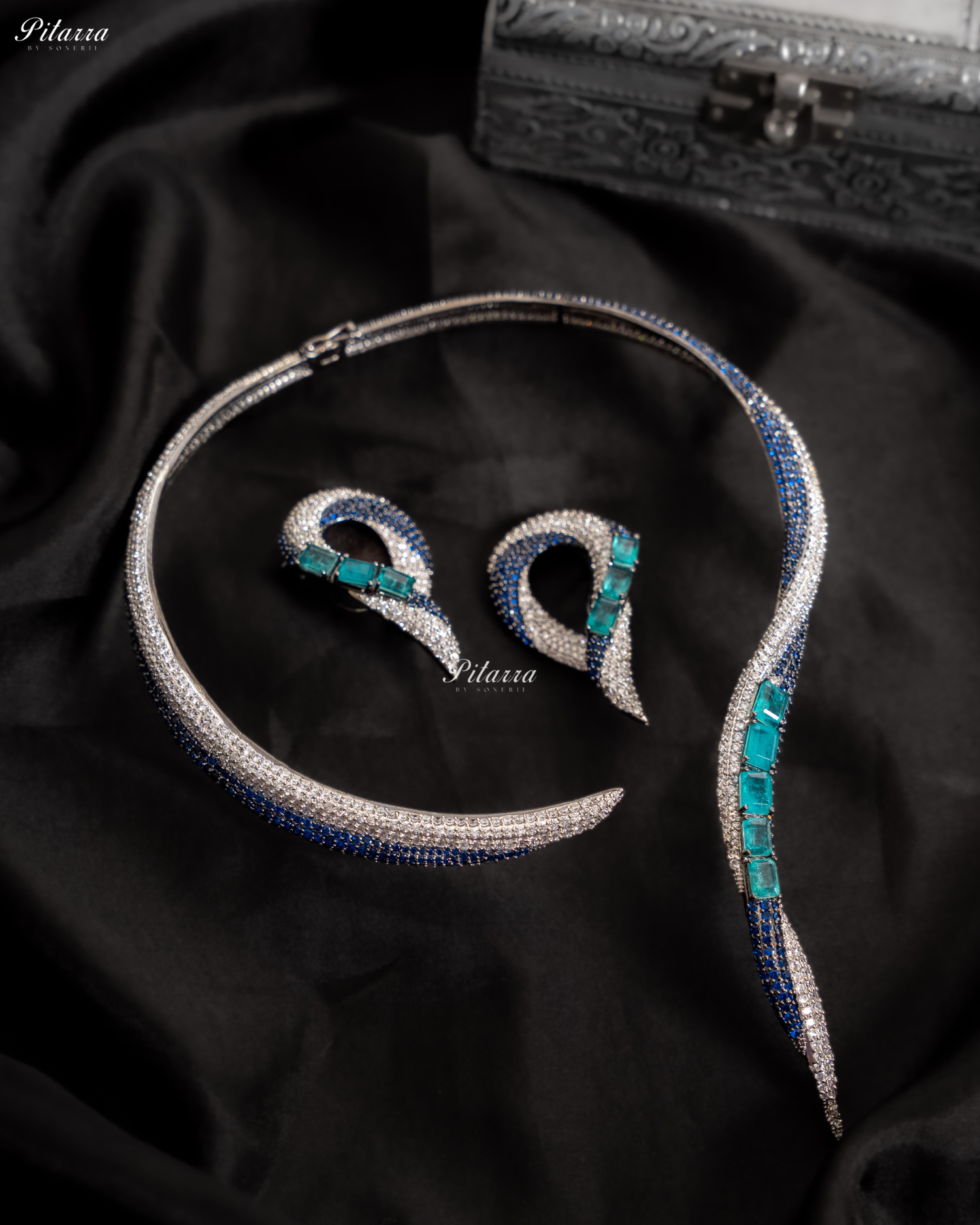 Aqua Stone Sleek CZ Choker Statement Necklace Set
