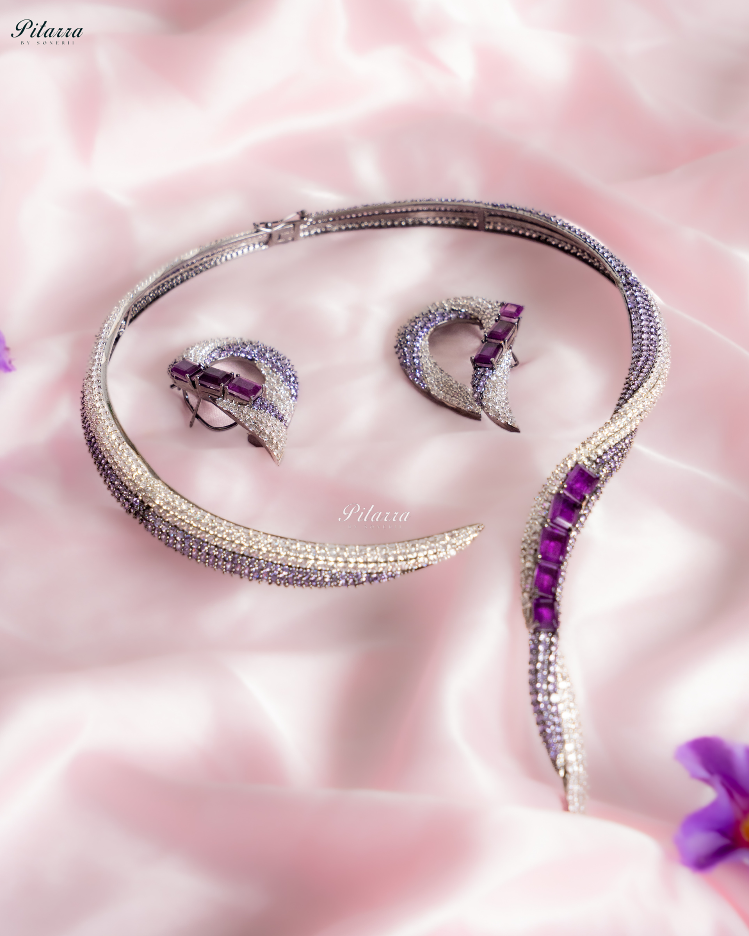 Purple Stone Sleek CZ Choker Statement Necklace Set