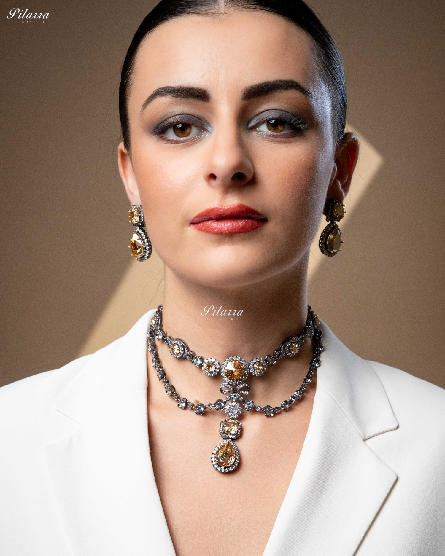 Yellow Two Layer Silver CZ Victorian Black polish Necklace Set