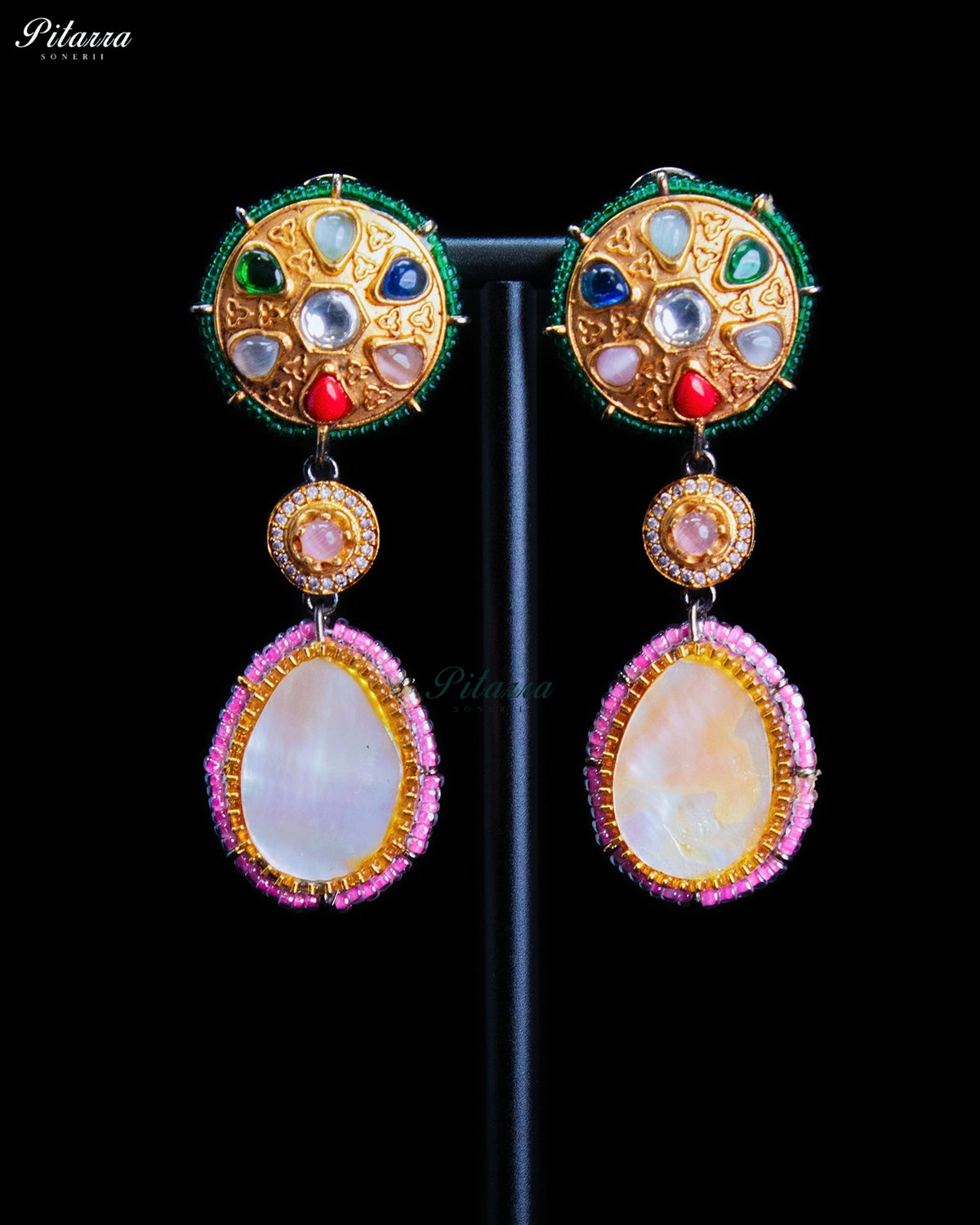 Royal Navratna Inspired Multicolor Kundan Gold Tone Dangler Earrings - Pink