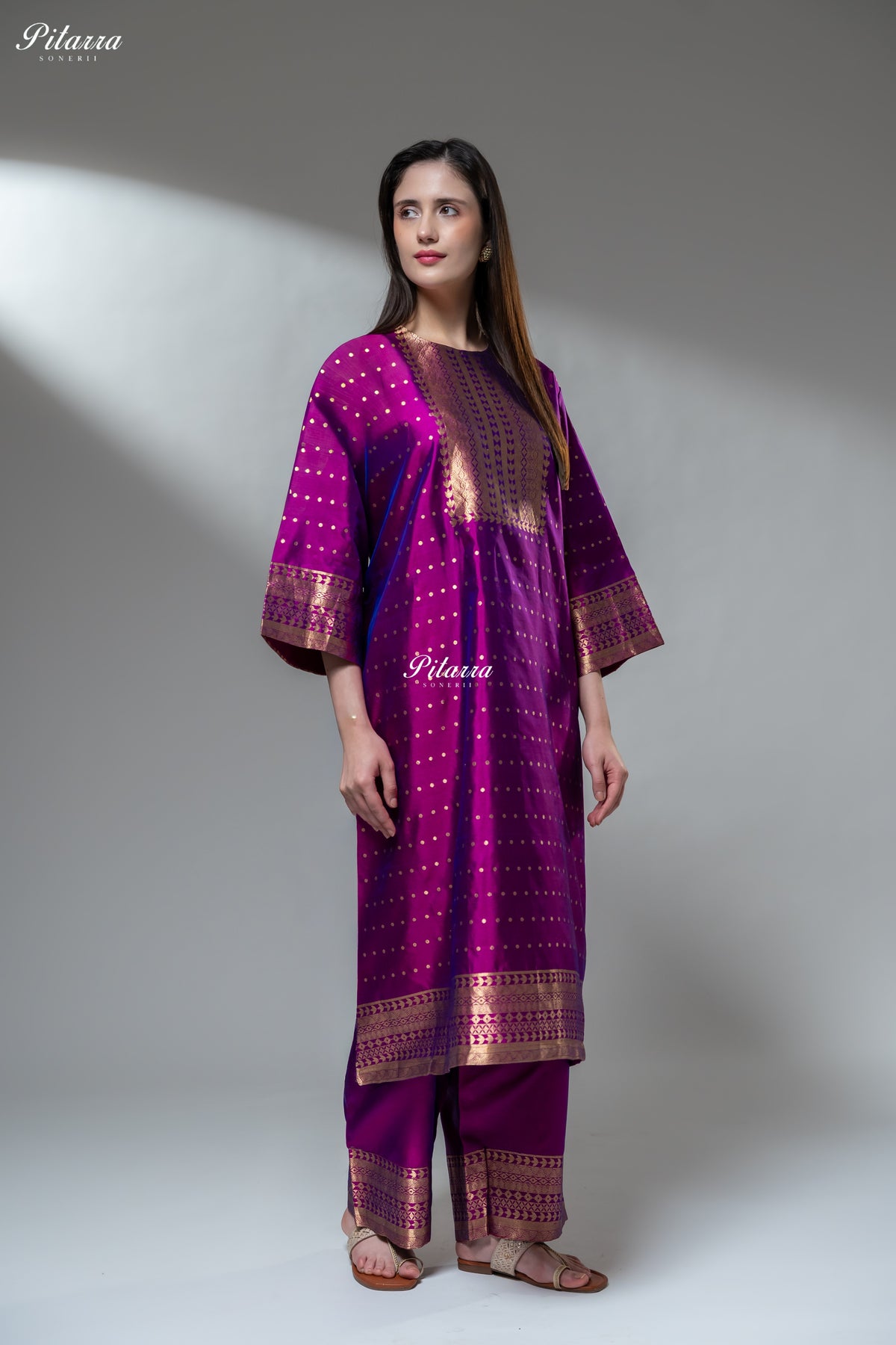 Magenta Purple Gold Zari Kurta Palazzo Set