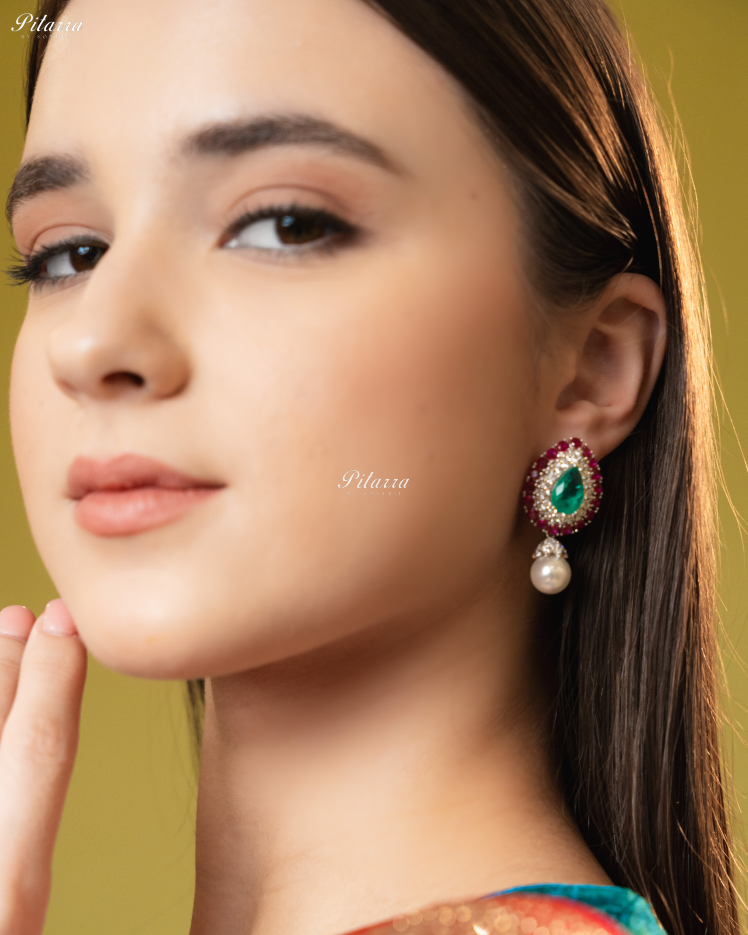 Emerald Stone Pink Line 92.5 Silver Drop Earrings