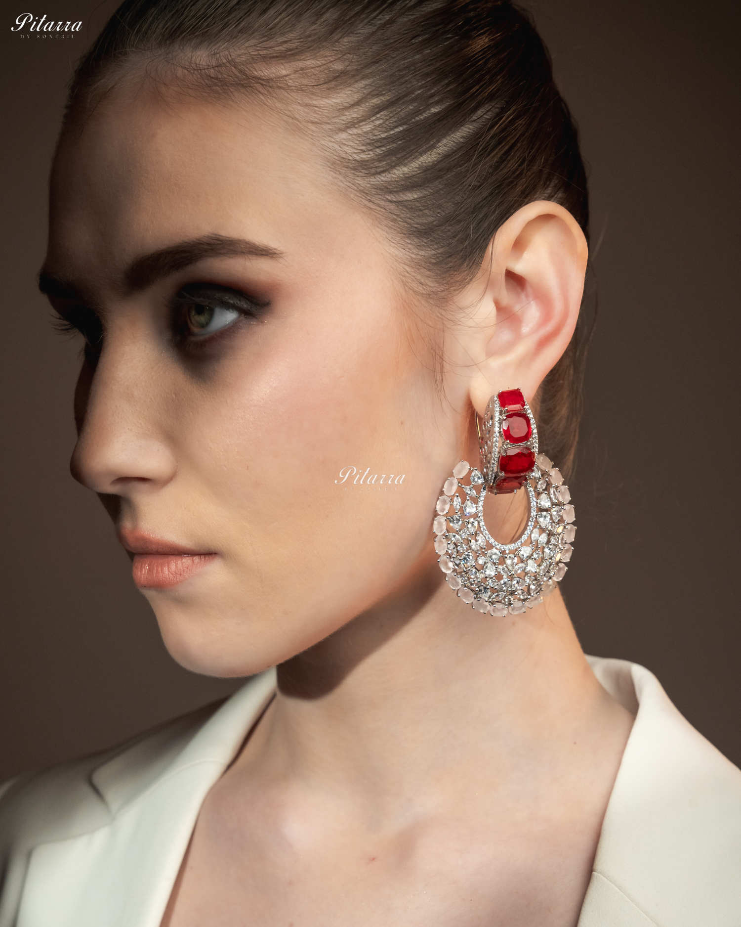 Red Stone White and pink Layer Cubic Zirconia Dangler Earrings