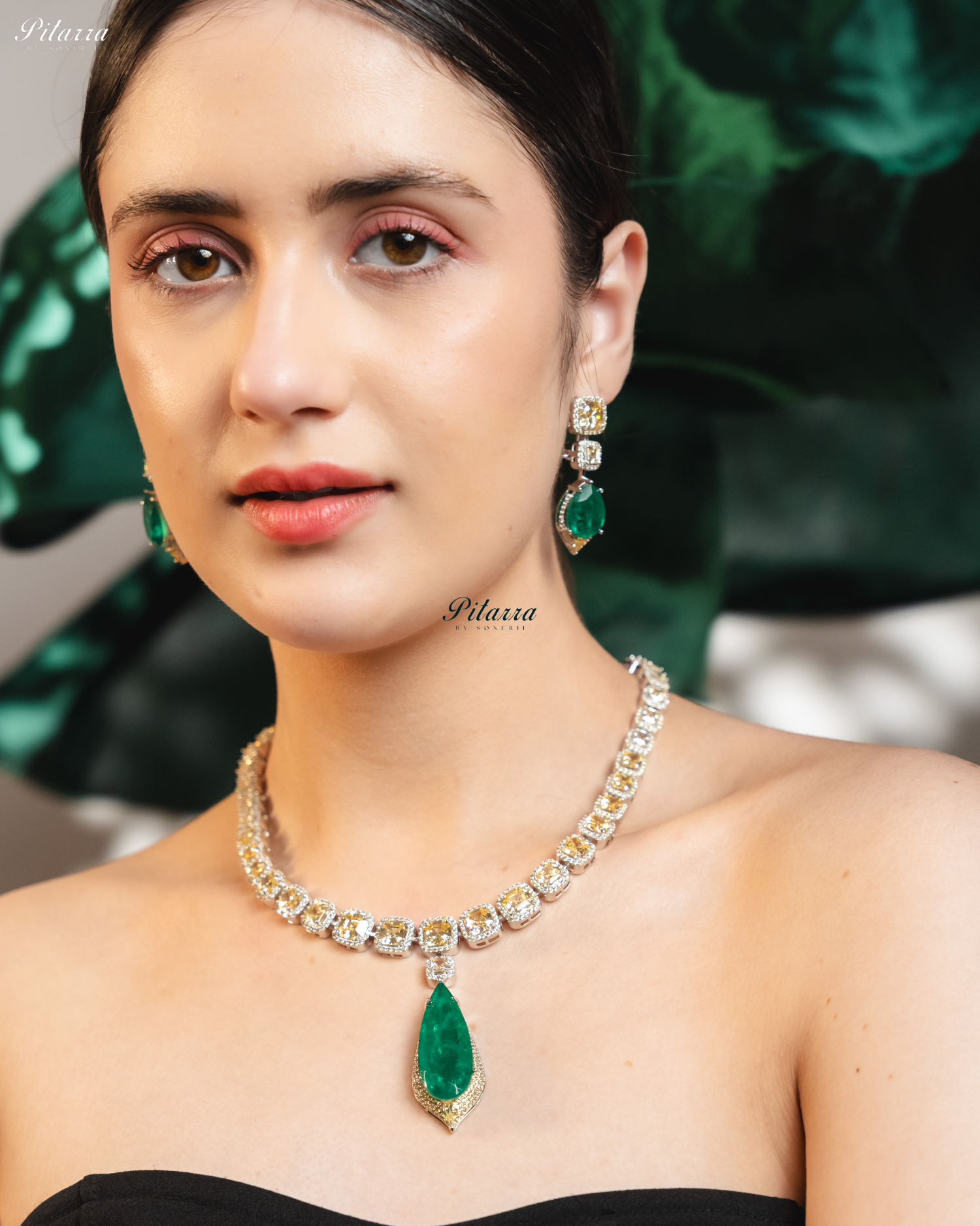 Emerald Crystals Cut Silver Plated Zircon Necklace Set