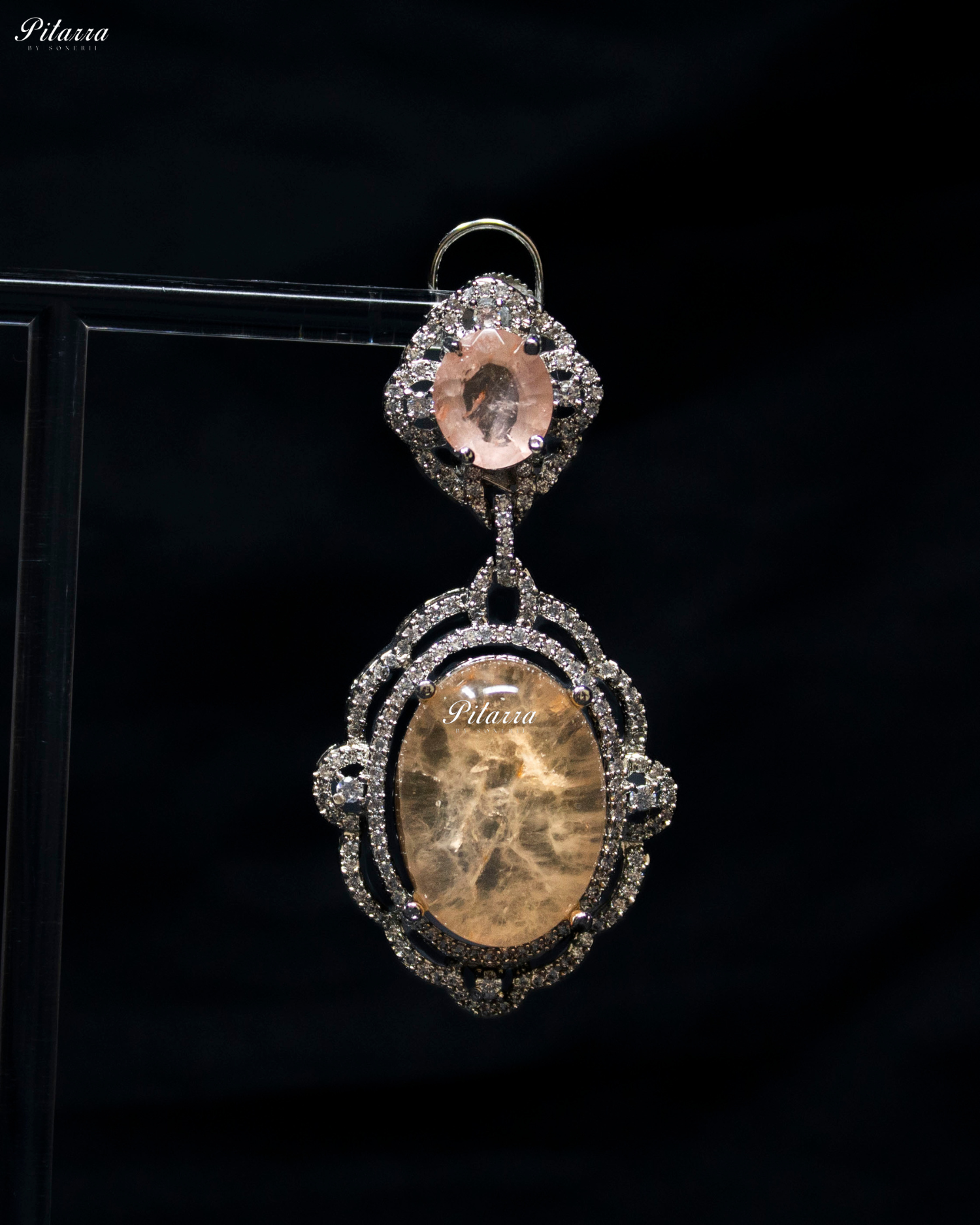 Peach Stone Silver Finish Tone Crystal Necklace Set