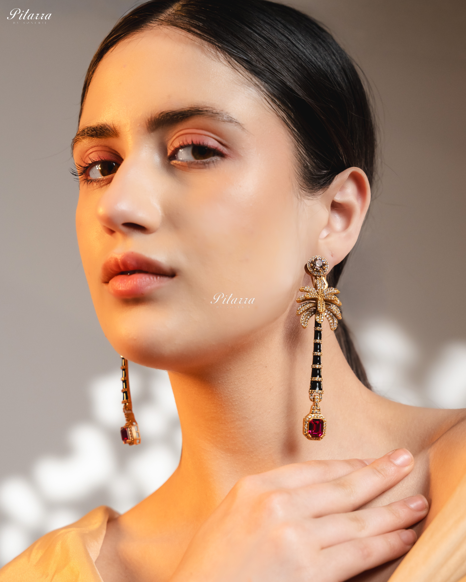 Golden and Pink Stone Palm Tree Crystal Earrings