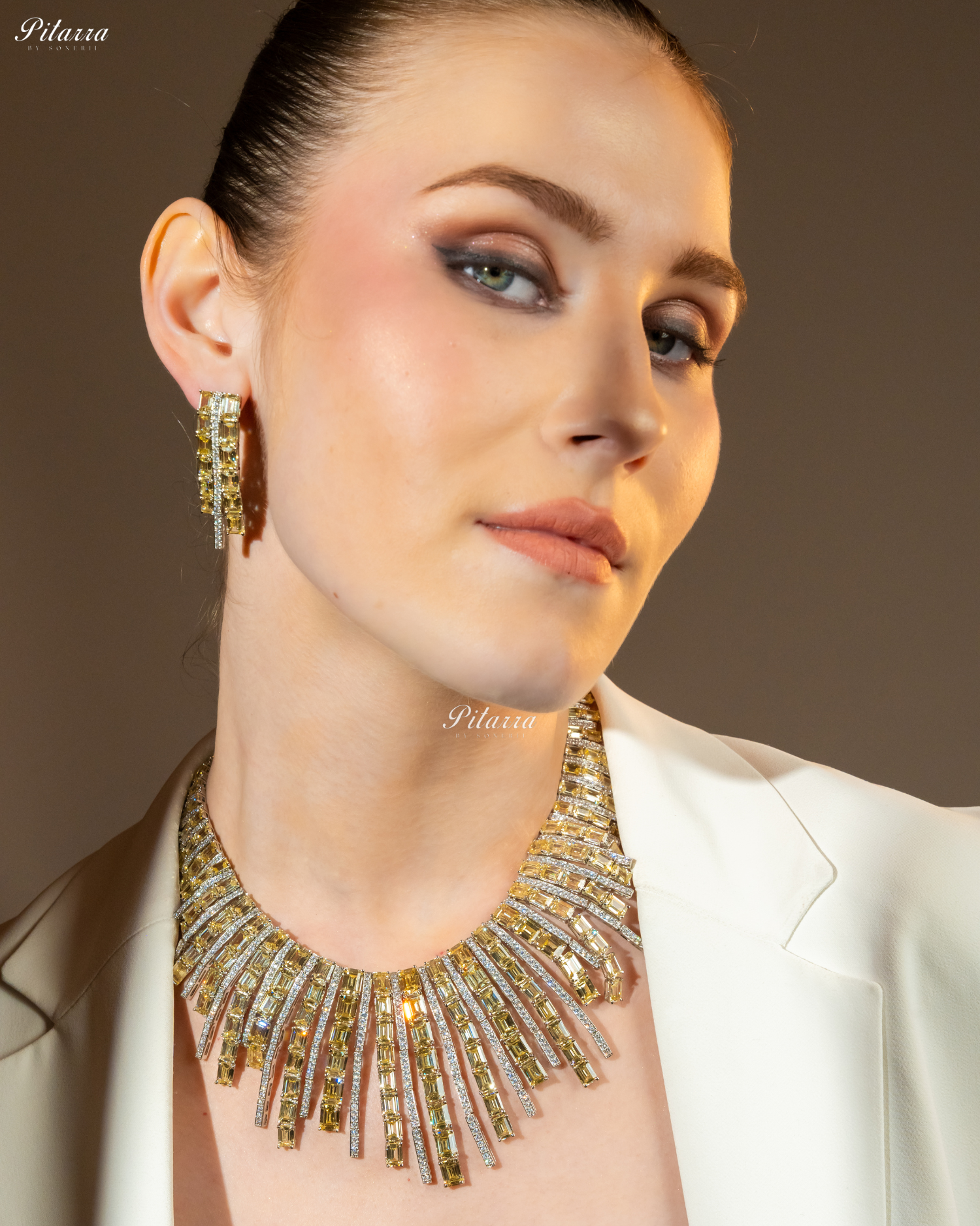 Silver Yellow Line Design Victorian Necklace Set