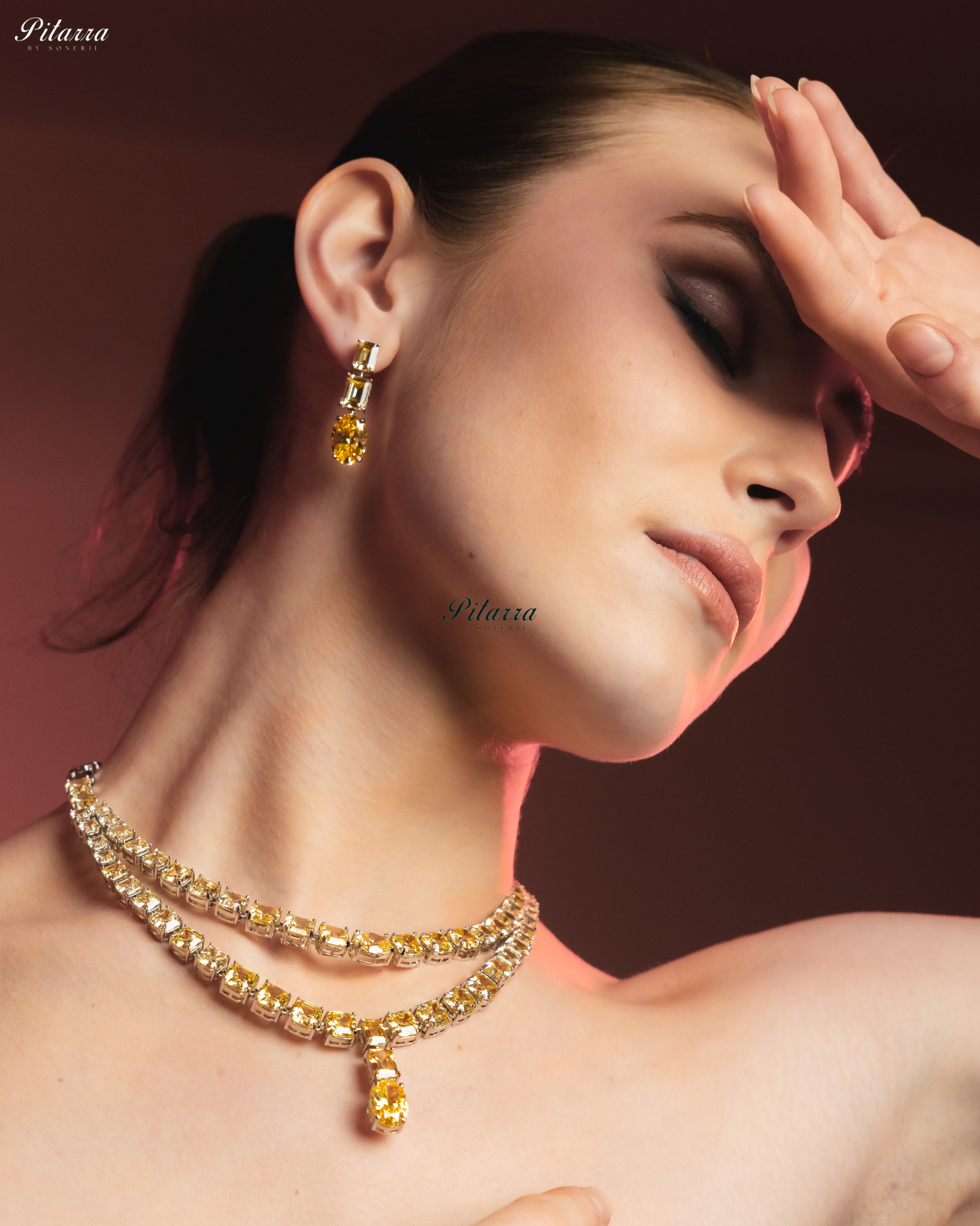 Yellow Two Layer Square Drop Statement Necklace Set