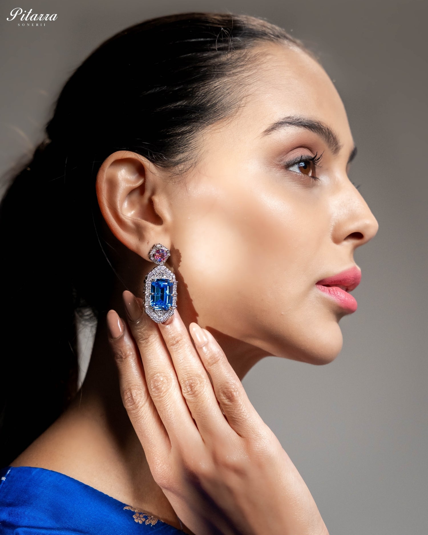 Blue Emerald Cut Diamond Halo Statement Drop Earrings