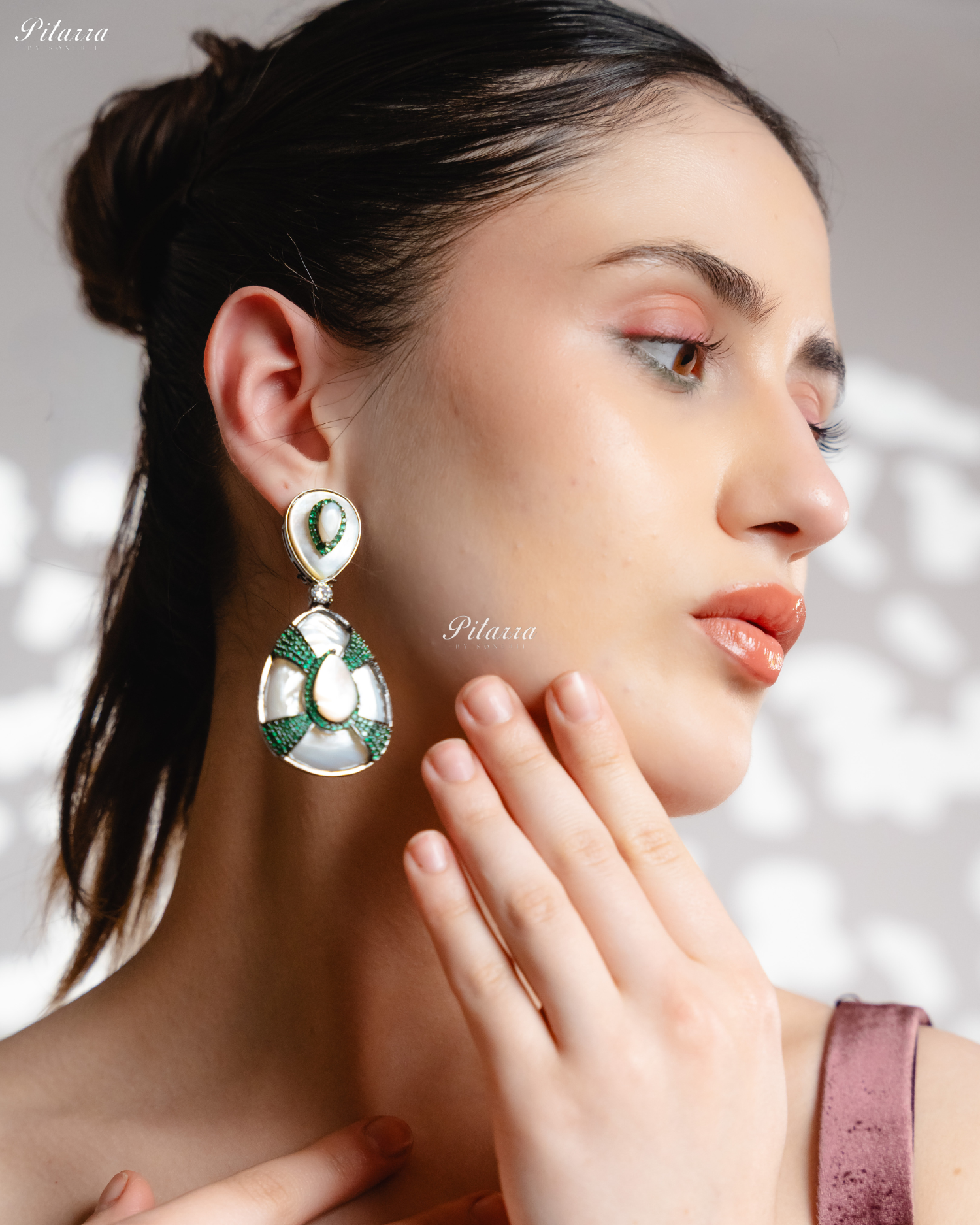 White Stone White Drop Emerald Line Crystal Dangler Earrings
