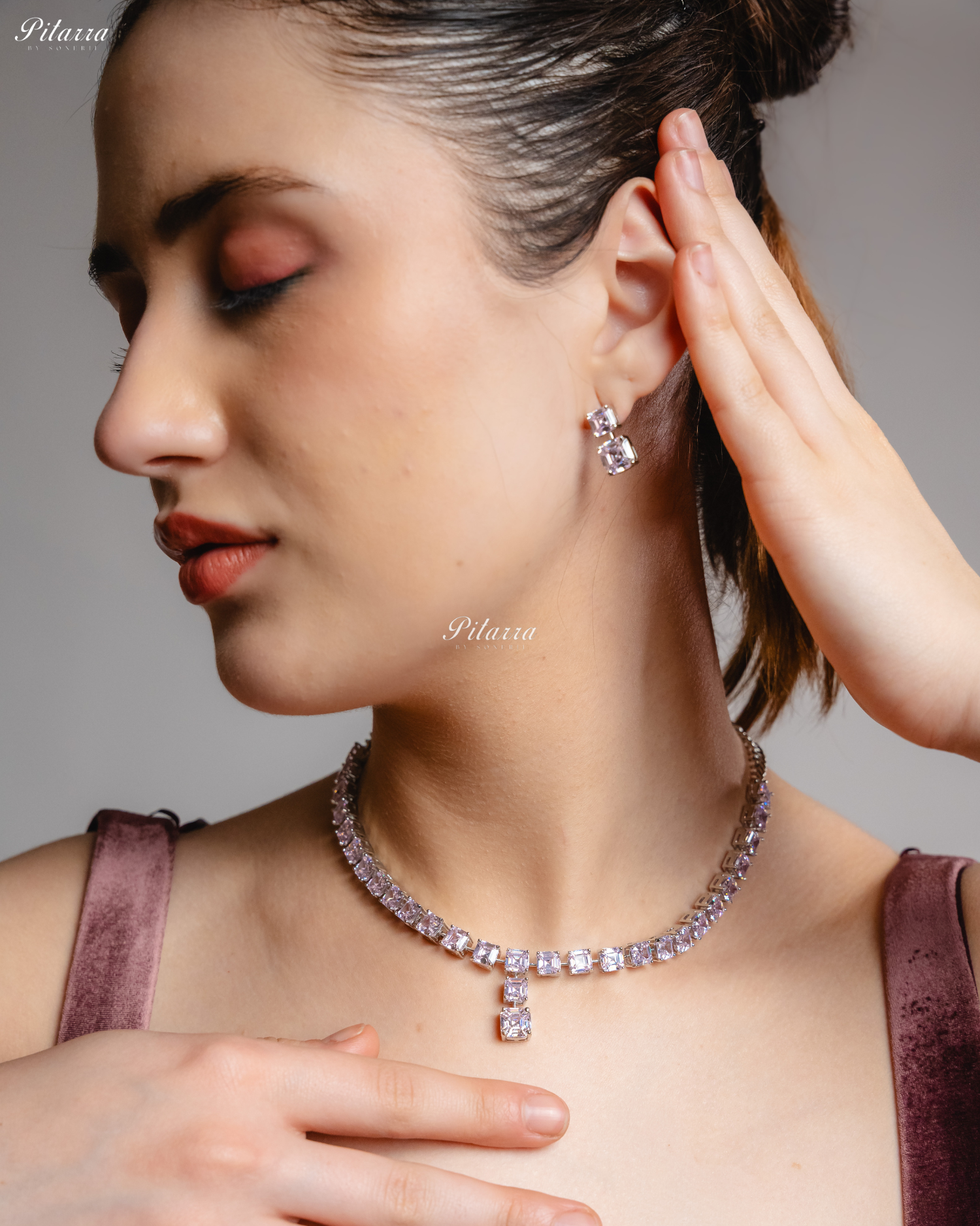 Pink Tone One Layer Square Drop Statement Necklace Set
