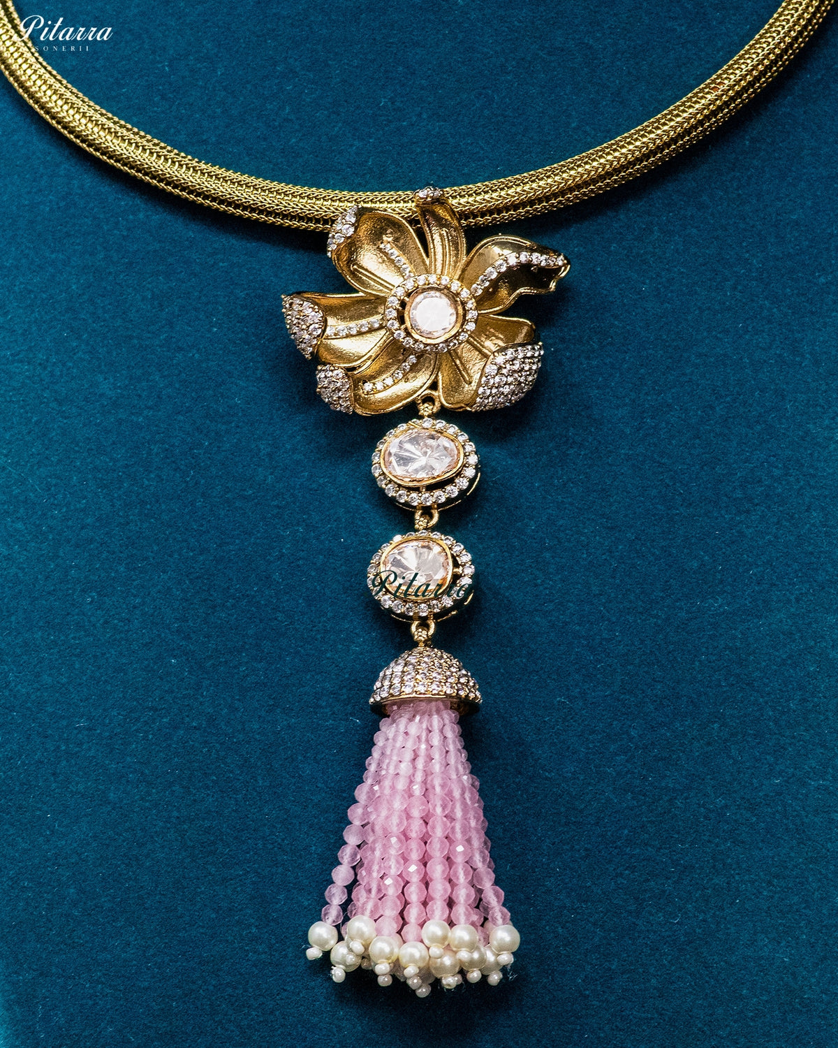 Light Pink Gold Floral Pink Tassel Necklace Set