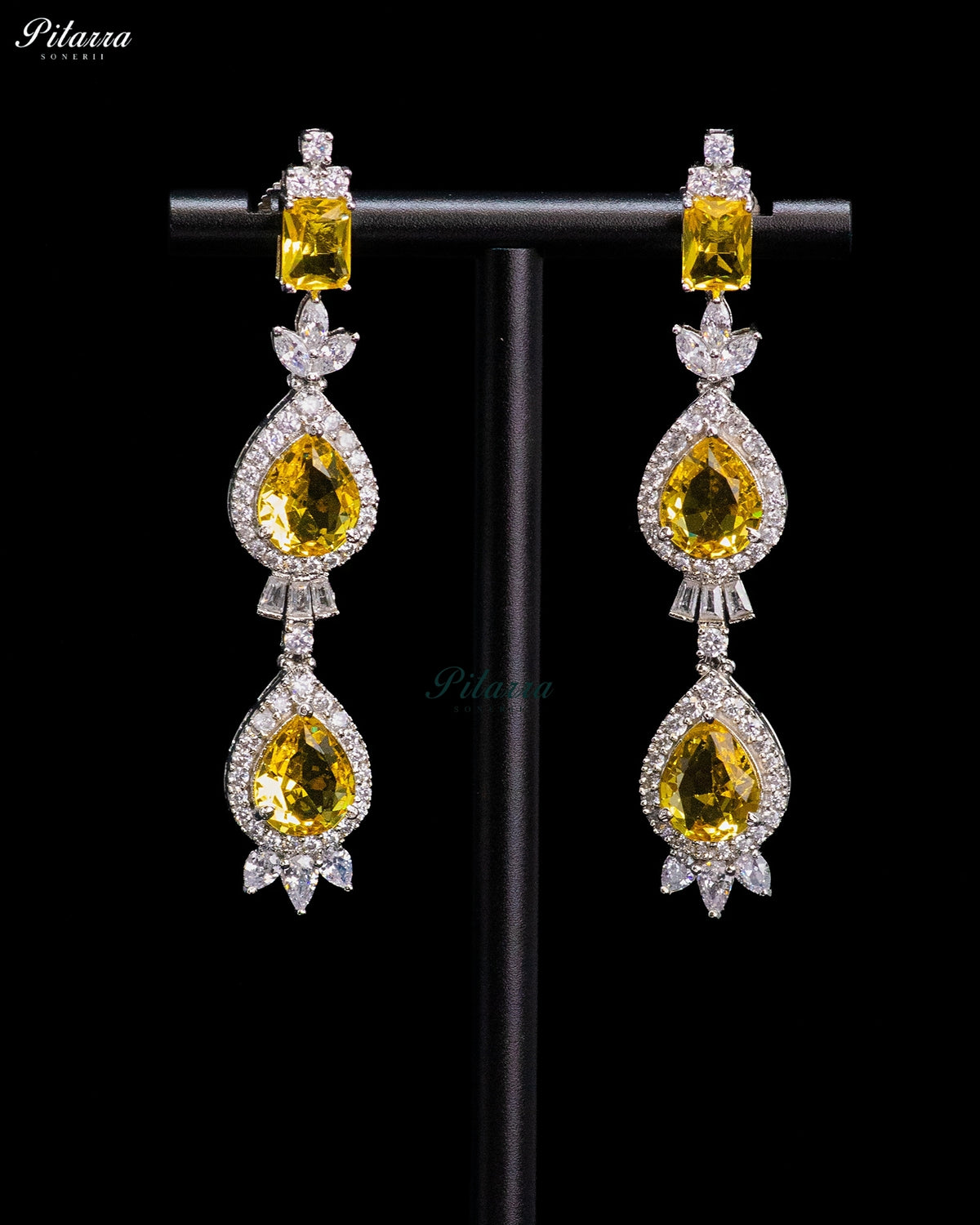 Citrine Yellow Pear Cut Stone Zircon Silver Crystal Drop Necklace Set