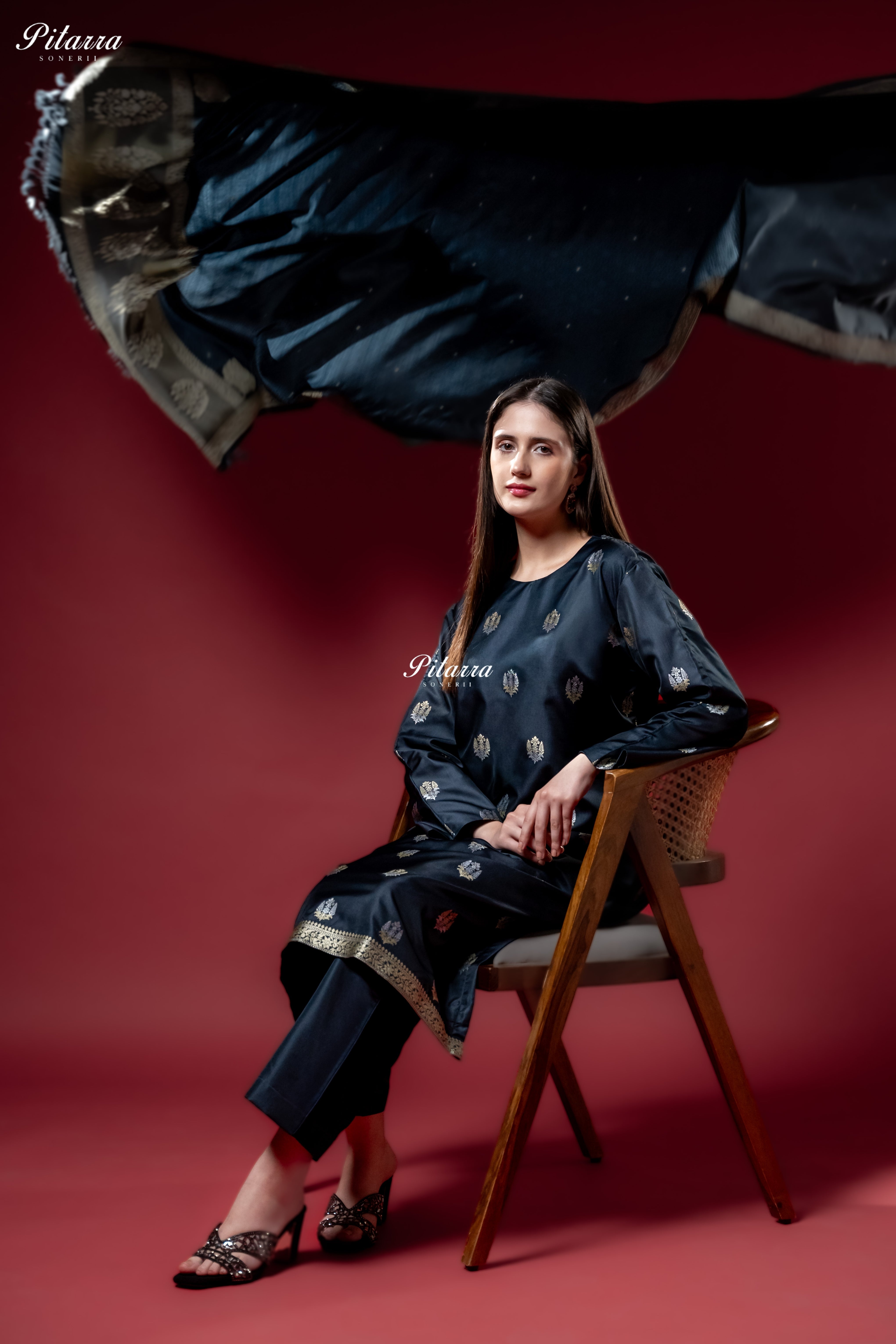 Navy Blue Gold Zari Butti Kurta Set with Dupatta