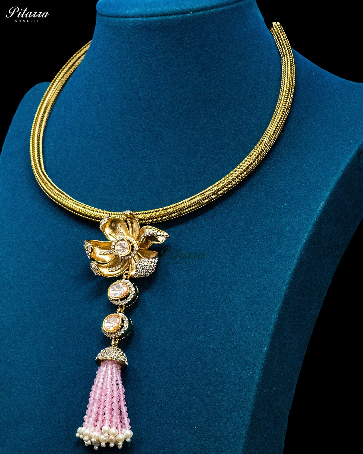 Light Pink Gold Floral Pink Tassel Necklace Set