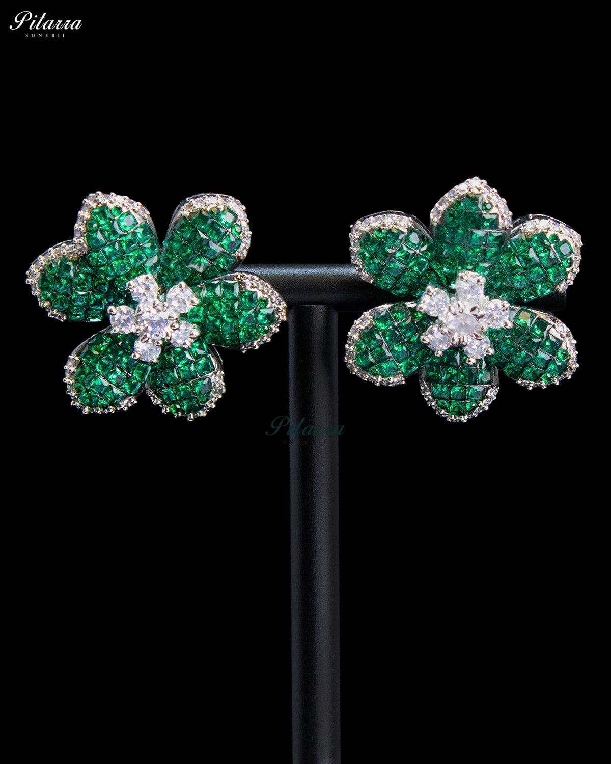 Emerald Green Crystal Flower Stud Earrings