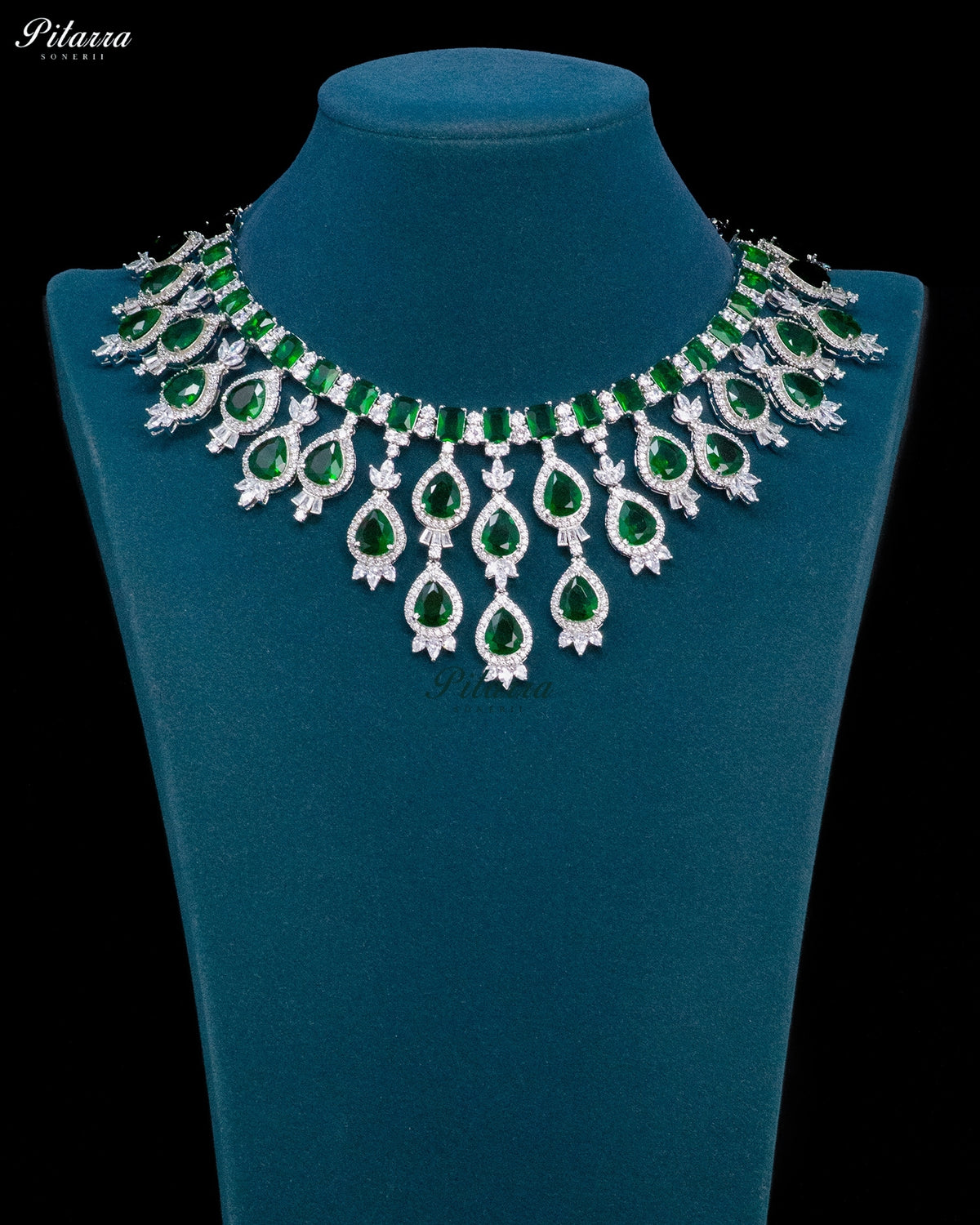 Emerald Green Pear Cut Stone Zircon Silver Crystal Drop Necklace Set