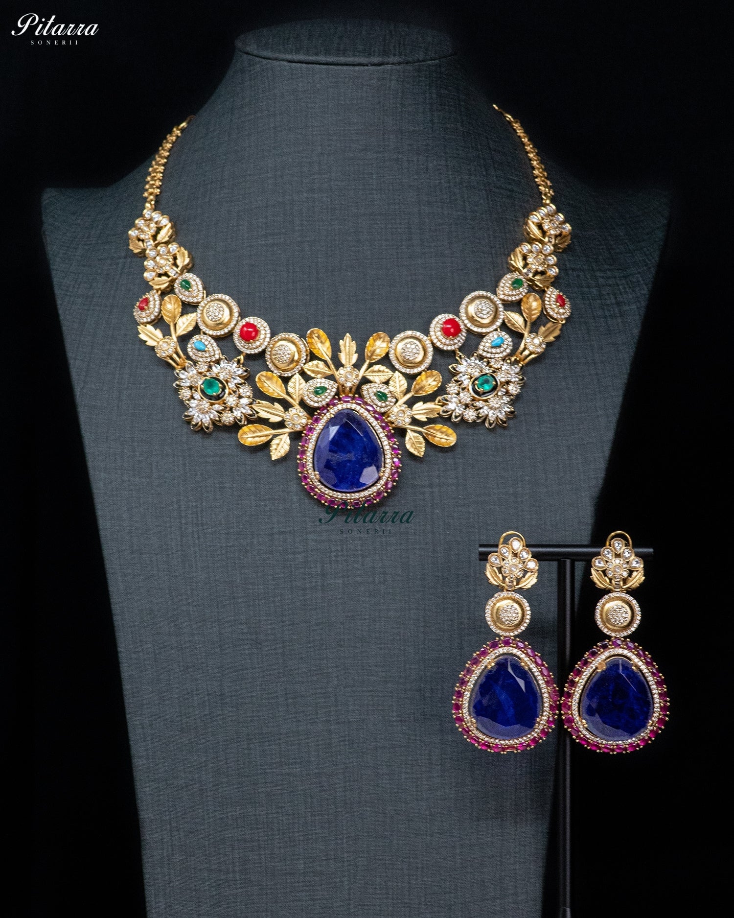 Blue Teardrop Kundan Floral Necklace Set